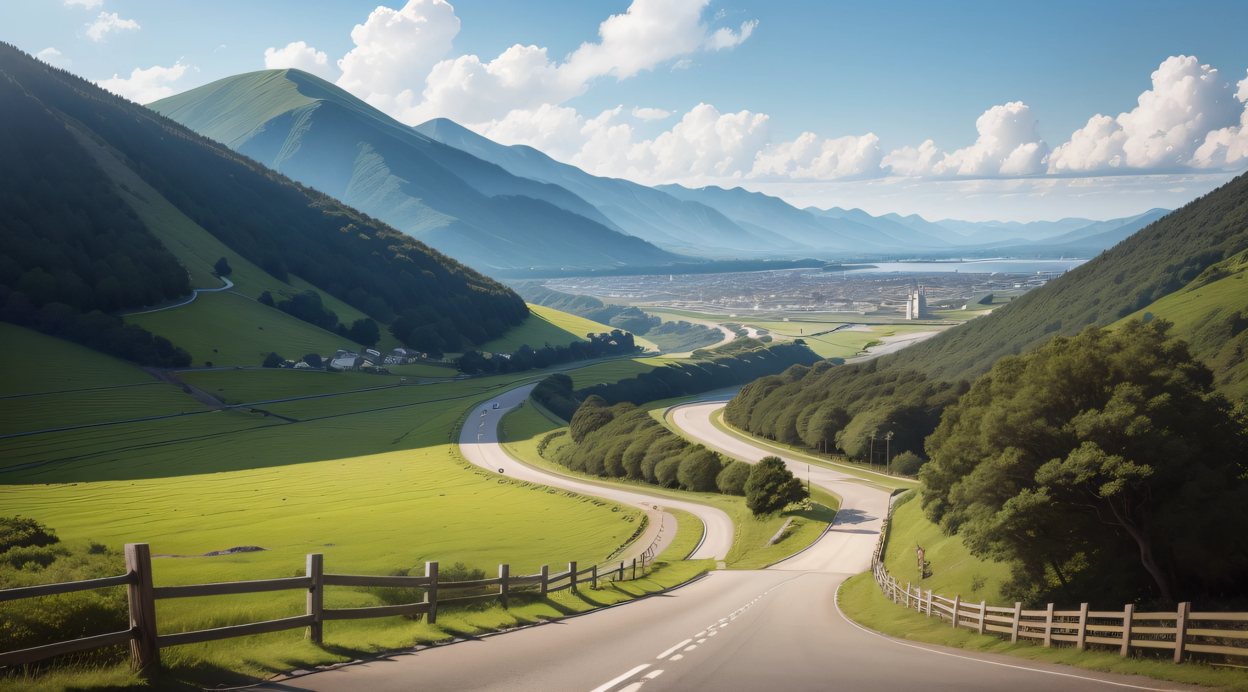 There is a dirt road winding through the meadows, a picture by Sengai, Flickr, shin hanga, hilly road, landslide road, road between hills, Large path, dirt road, a wide full shot, hills in the background, a road leading to the lighthouse, the road is accessible, Ligt Trail, in the distance is a rocky hill