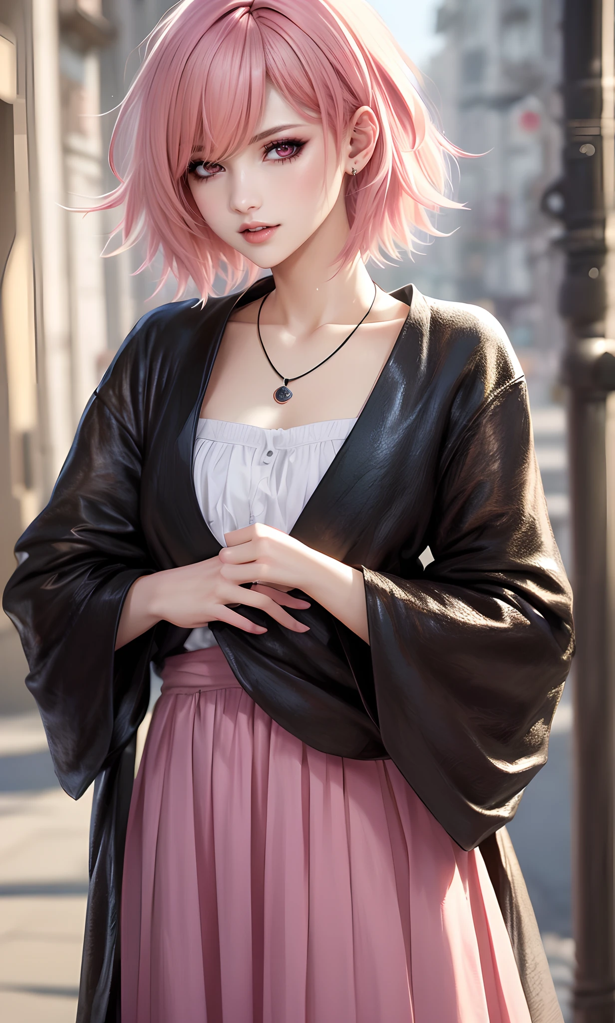 ​masterpiece, top-quality, ((1womanl)), Adults, different color, finely eye and detailed face, intricate detailes, Casual black and white attire((Sexy clothes)), window, A smile, Happiness, tenderness, high-level image quality、 selfee, Beautuful Women、tall、a small face, D-cups, The upper part of the body、nightfall, nighttime scene、𝓡𝓸𝓶𝓪𝓷𝓽𝓲𝓬、Korea person, Idol Photos, Model photo, k pop, Professional Photos, Vampires, Korean fashion in black and white, Fedoman with necklace, inspired by Sim Sa-jeong, androgynous vampire, :9 detailed face: 8, extra detailed face, detailed punk hair, ((eyes are brown)) baggy eyes, Seductive. Highly detailed, semi realistic anime, Vampires, hyperrealistic teen, Delicate androgynous princess, imvu, ((short hair woman)), Pink hair woman with wild look, Sexy look, ((Woman with short pink hair)), ((1 persons))