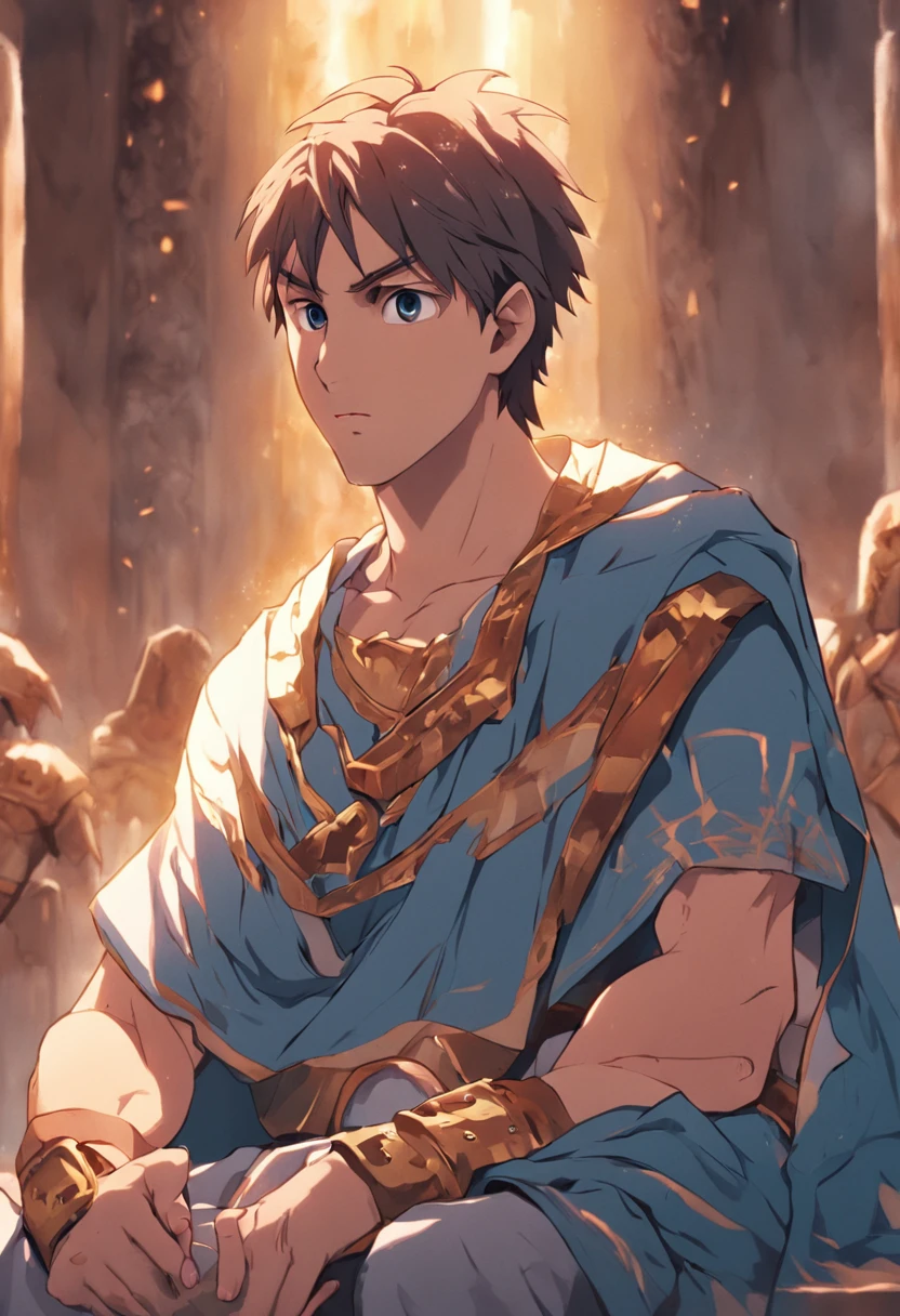 lionel messi , face details, sitting in greek temple ,Greek warrior, wearing greek king clothes , cinmatic lighting , looking into camera , High quality--q2