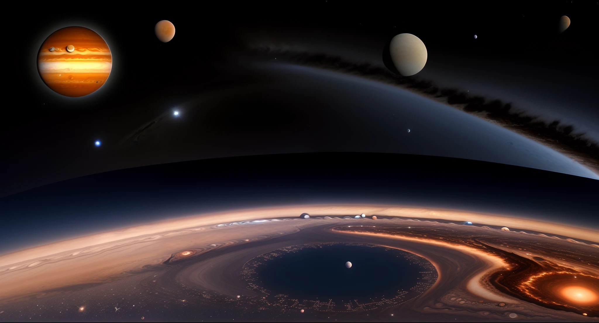 A city within a dome over the planet jupiter and infinite space in the background