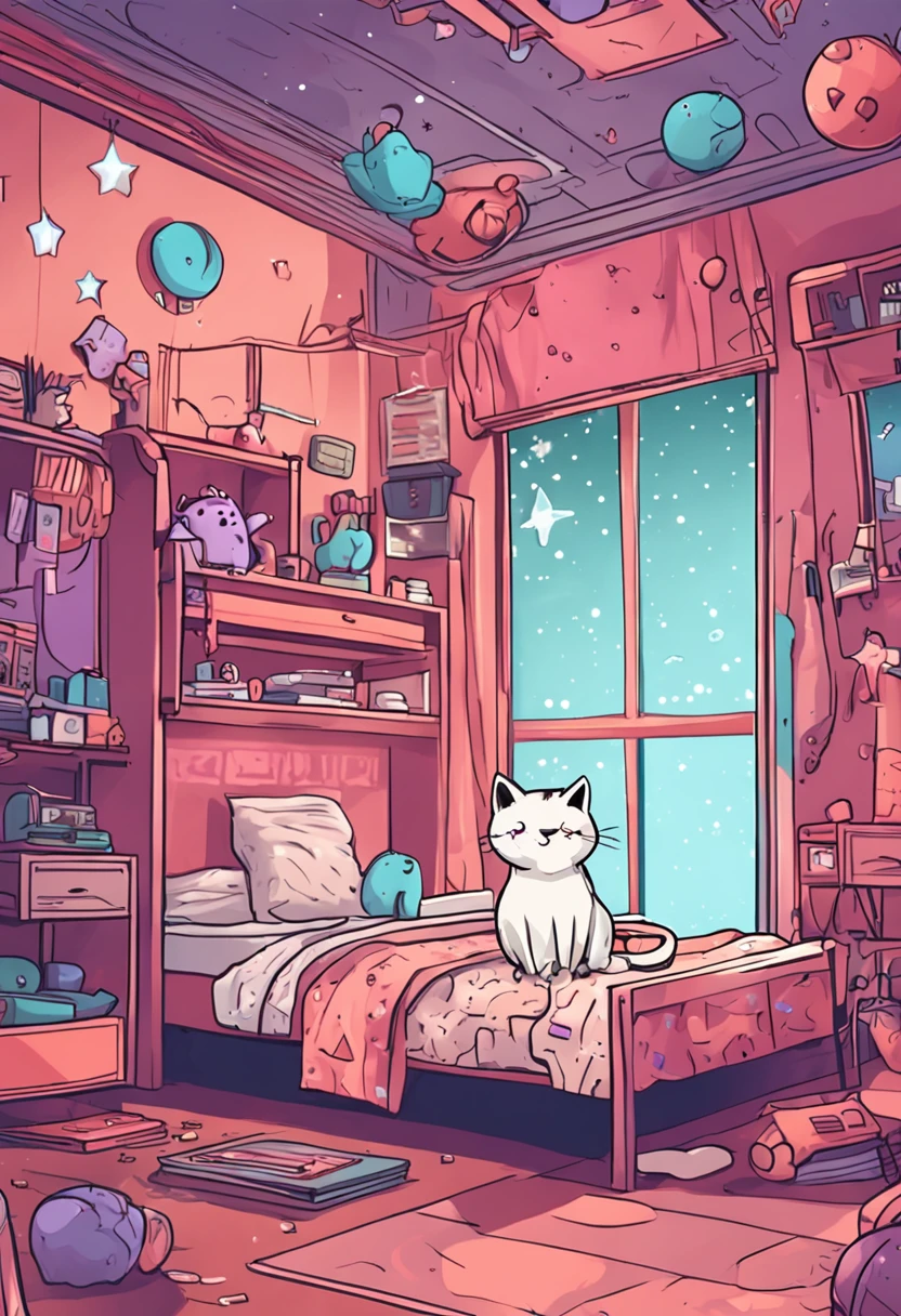 Bedroom kawaii with a siamês Cat skeeping in the bed gamer computer window with stars in the SKY