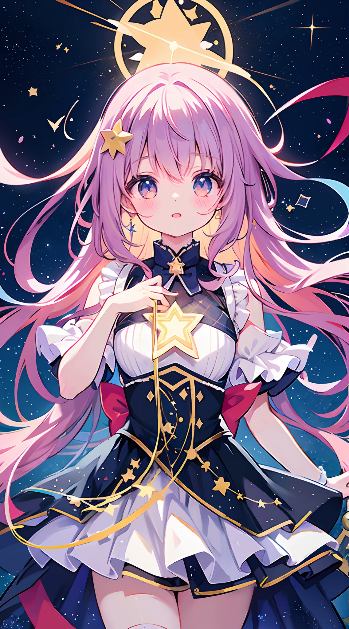 Anime girl with a star and a wand on her head, sparkling magical girl, portrait of the magical girl, beautiful celestial mage, Detailed key anime art, Trending on ArtStation pixiv, magical  girl, guweiz on pixiv artstation, high detailed official artwork, Cute anime waifu in a nice dress, Pixiv Contest Winner, anime goddess, official anime artwork