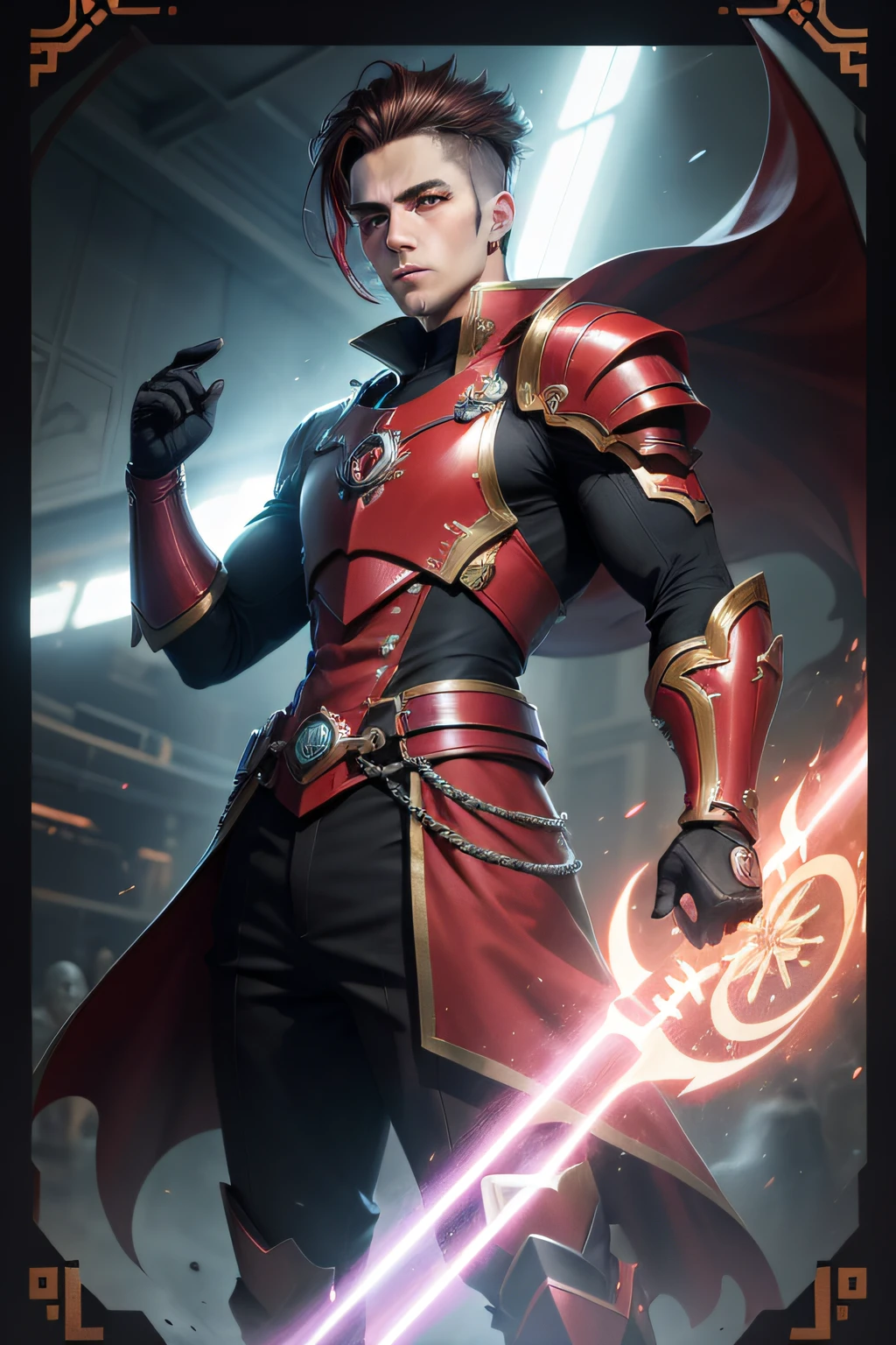 Base card design for a physical card game with a unique pattern, cuadro de texto, anime aesthetic, Personajes masculinos, Science-Fiction, retroiluminado, Hermoso gradiente, Sombras brillantes, analogous colors, Profundidad de campo, alta calidad, Detallado, , Holographic finish, Renderizado de corrimiento al rojo, Foto realista, Renderizado de octanaje, Trazado de rayos, Imagen centrada, Tarjeta de personaje