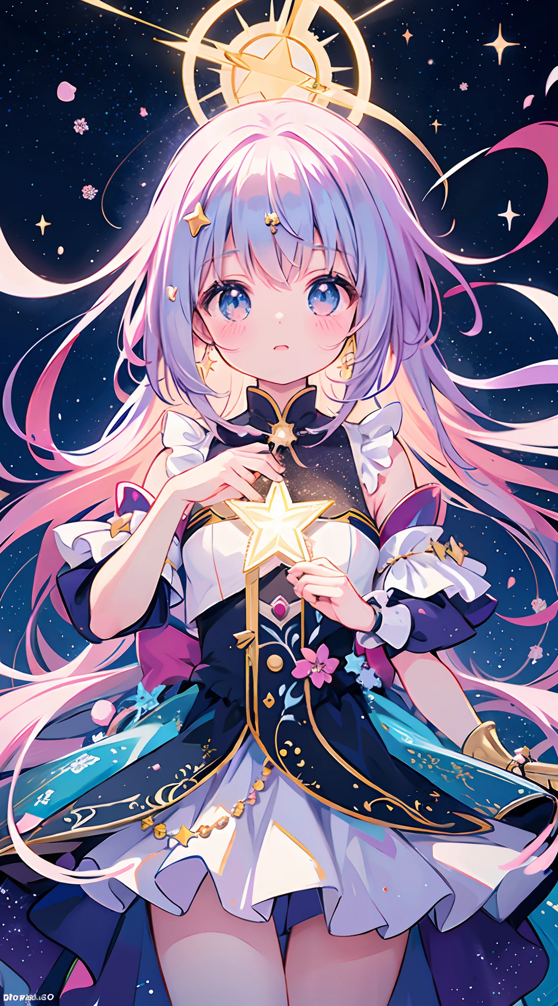 ((magical  girl)), ((Gorgeous starry sky background)), ((Ultra-detailed)), ((Best Illustration)), ((Cinematic lighting)), Dynamic Angle, Floating, finely detailed, (glitters:1.2), (Sparkle:1.2), (Shine:1.2), classic, (Painting:1.1), (Sketch:1.1), (Best quality), (Masterpiece:1.2), (Anime style), (Solo), Beautiful detailed face, (Cute face:1.3), (Big eyes:1.3), Colorful hair, (Long hair:1.2), (Floating hair:1.2), (magical girl outfit), detailed outfits, (Sparkling wand:1.3), (Magical effect:1.3), (Flowing skirt:1.2), (Cute boots:1.1), (Transparent fabric:1.1), (Twinkle:1.2), (Glow:1.2), (Radiance:1.2), (Flicker:1.2), (Dazzle:1.2)