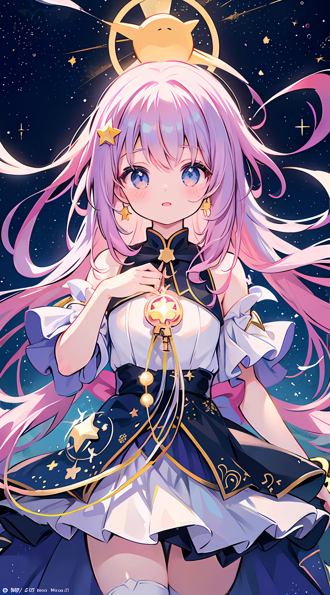 Anime girl with a star and a wand on her head, sparkling magical girl, portrait of the magical girl, beautiful celestial mage, Detailed key anime art, Trending on ArtStation pixiv, magical  girl, guweiz on pixiv artstation, high detailed official artwork, Cute anime waifu in a nice dress, Pixiv Contest Winner, anime goddess, official anime artwork