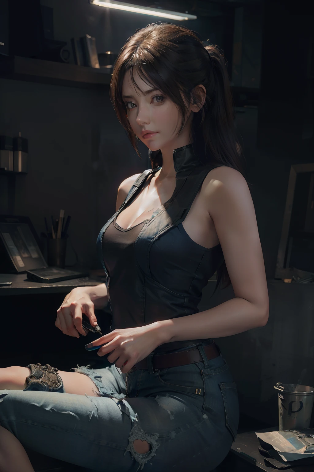 ((best qualtiy)), ((tmasterpiece)), (the detail:1.4), 。.3D, A beautiful cyberpunk female image,hdr（HighDynamicRange）,Ray traching,NVIDIA RTX,Hyper-Resolution,Unreal 5,Subsurface scattering、PBR Texture、post-proces、Anisotropy Filtering、depth of fields、maximum definition and sharpness、Many-Layer Textures、Albedo e mapas Speculares、Surface coloring、Accurate simulation of light-material interactions、perfectly proportioned、rendering by octane、Two-colored light、largeaperture、Low ISO、White balance、the rule of thirds、8K raw data、（Skinny denim shorts and skinny sports vest：1.3），（large tities：1.3）exposed