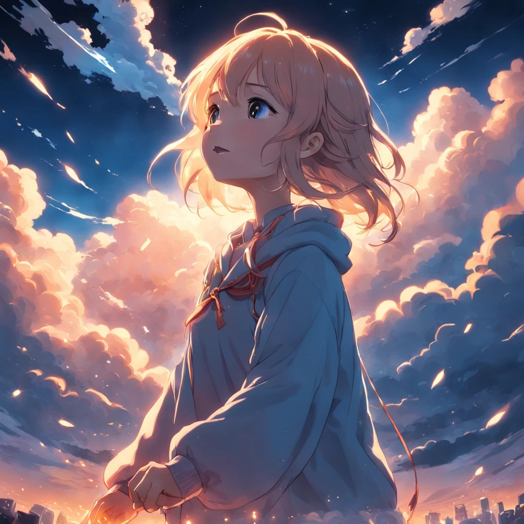masterpiece, best quality, movie still, 1girl, cloud girl, floating in the sky, close-up, bright, happy, warm soft lighting, sunset, (sparks:0.7)