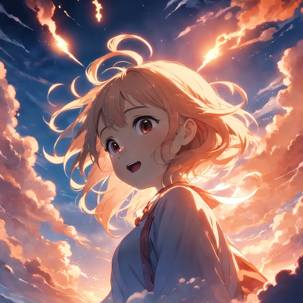 masterpiece, best quality, movie still, 1girl, cloud girl, floating in the sky, close-up, bright, happy, warm soft lighting, sunset, (sparks:0.7)
