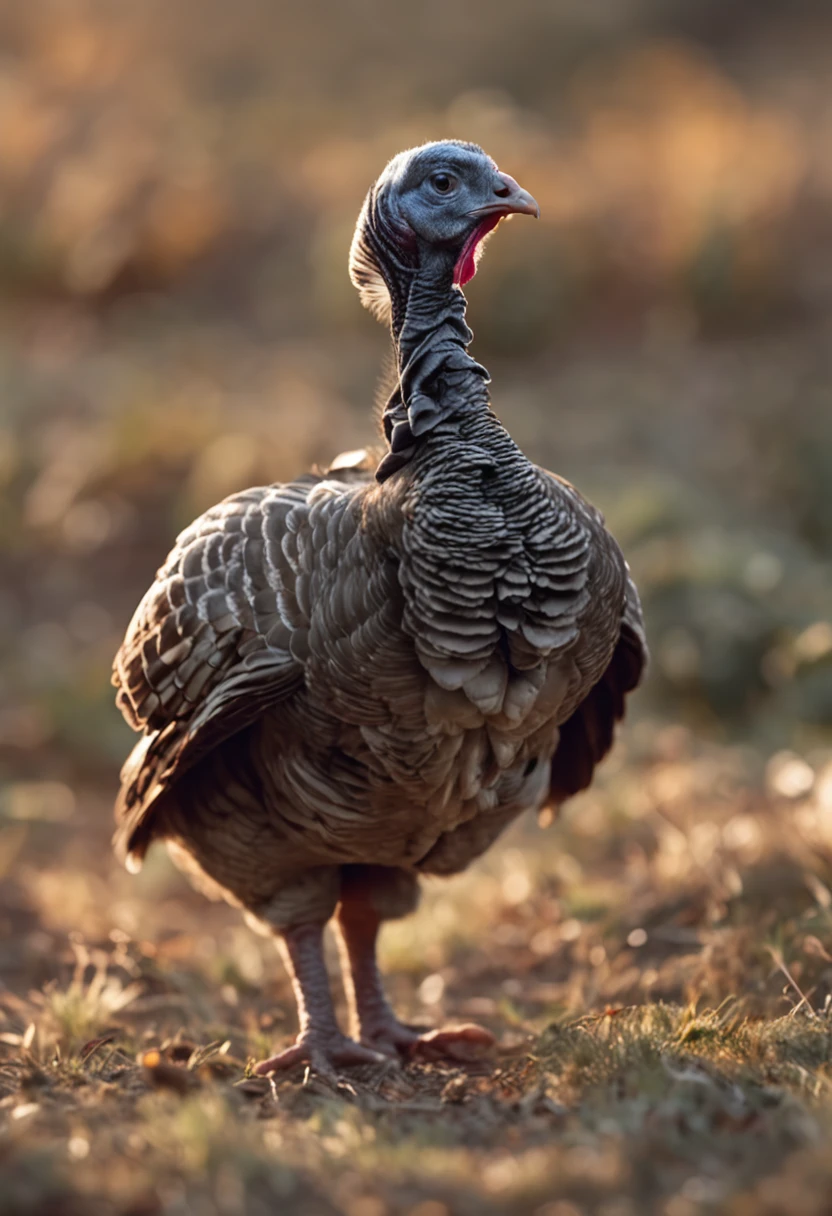 baby turkey with gray plumage.in a field landscape