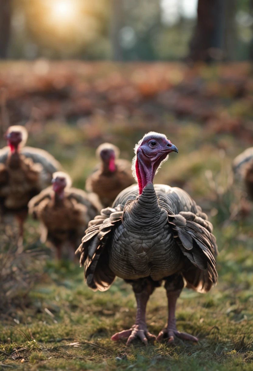 baby turkey with gray plumage.in a field landscape