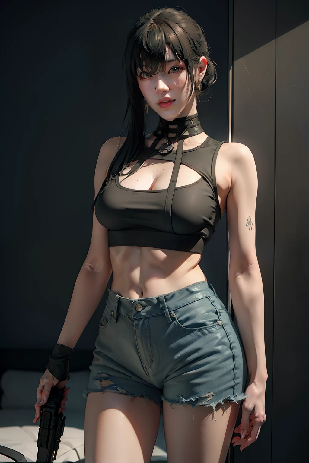 ((best qualtiy)), ((tmasterpiece)), (the detail:1.4), 。.3D, A beautiful cyberpunk female image,hdr（HighDynamicRange）,Ray traching,NVIDIA RTX,Hyper-Resolution,Unreal 5,Subsurface scattering、PBR Texture、post-proces、Anisotropy Filtering、depth of fields、maximum definition and sharpness、Many-Layer Textures、Albedo e mapas Speculares、Surface coloring、Accurate simulation of light-material interactions、perfectly proportioned、rendering by octane、Two-colored light、largeaperture、Low ISO、White balance、the rule of thirds、8K raw data、（Skinny denim shorts and skinny sports vest：1.3），（large tities：1.3）exposed