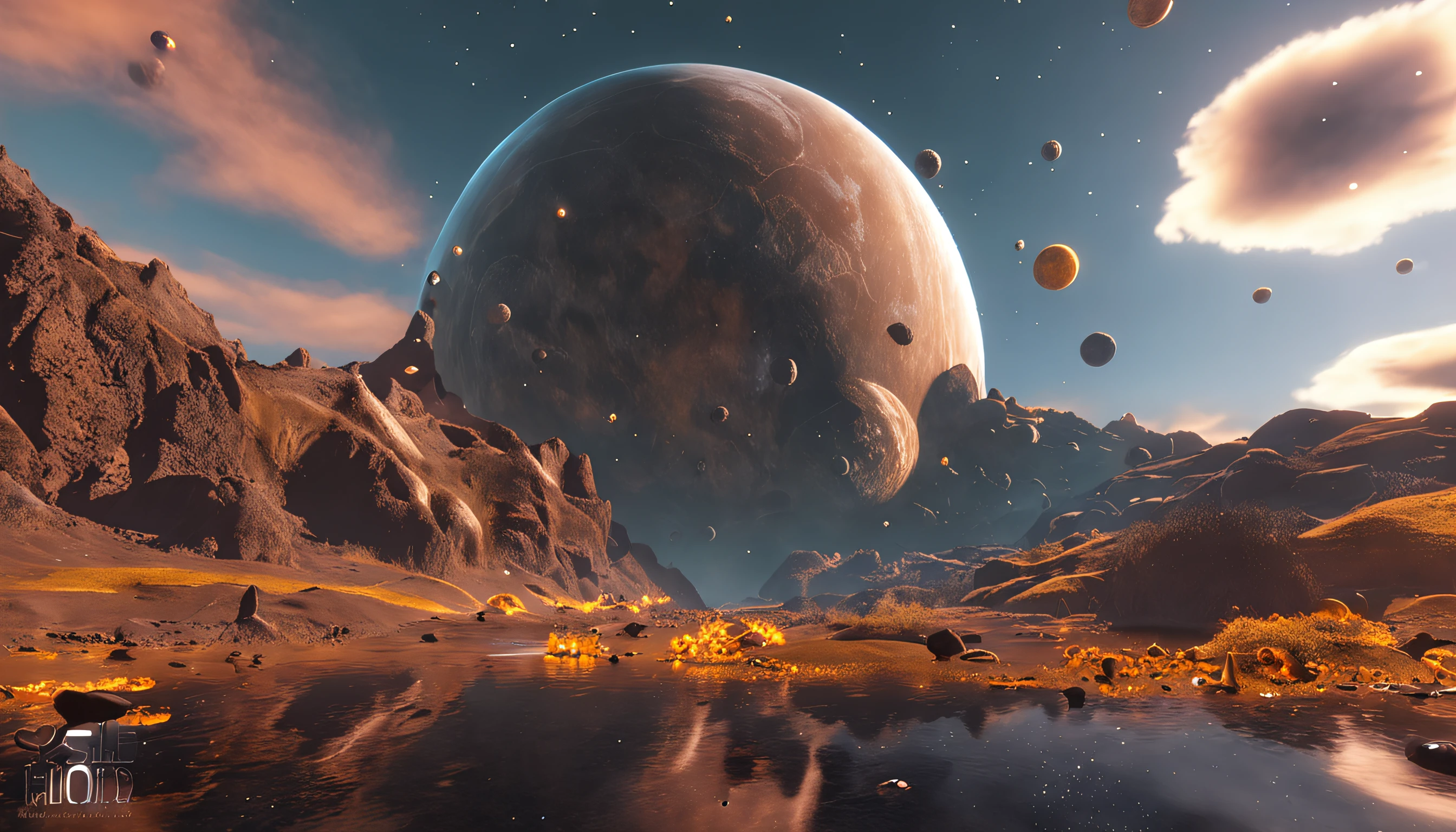 A view of a planet with a lake and mountains in the background - SeaArt AI
