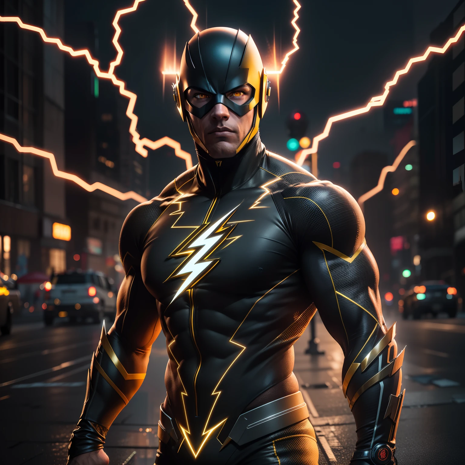 The Flash，Best quality grade，A high resolution, Tall, Muscular, hunk, White plate and scarlet neon set, Large glowing yellow eyes, Stand in a strong position, Yellow lightning track, Detailed face, Detailed suit, Ultra detailed, Masterpiece, Light tuning in the background, 4K, RAW photo, Low camera angle，Virtual engine rendering，Sprint cyberpunk flash ， Summon masks， glowing bright yellow eyes， body builder， jogging， urban in the background， lightning in sky， Hyper-detailing， hyper realisitc， cinematic ligh ，rendering by octane， 16k，salama，The body is surrounded by lightning，Zack Schneider film style