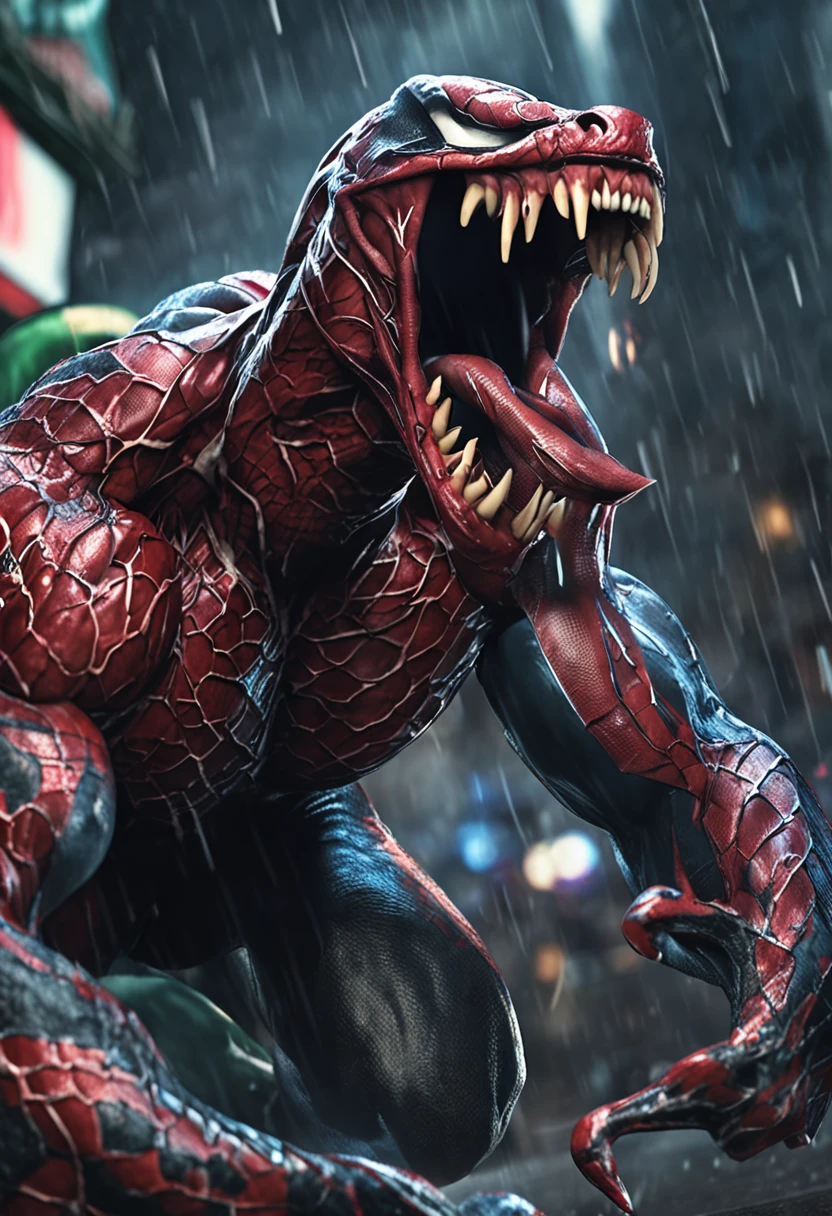 Roaring venom，Marvel Venom，Full body like，combats，Close-up，of a real，Facial features are carefully depicted，Realistic skin texture，Dark style，depth of fields，high light，Real light，Ray traching，oc rendered，Hyper-realistic，best qualtiy，8K，Works of masters，super-fine，Detailed pubic hair，Correct anatomy，sharp focus on eyes，Bokeh，Facial features are carefully depicted