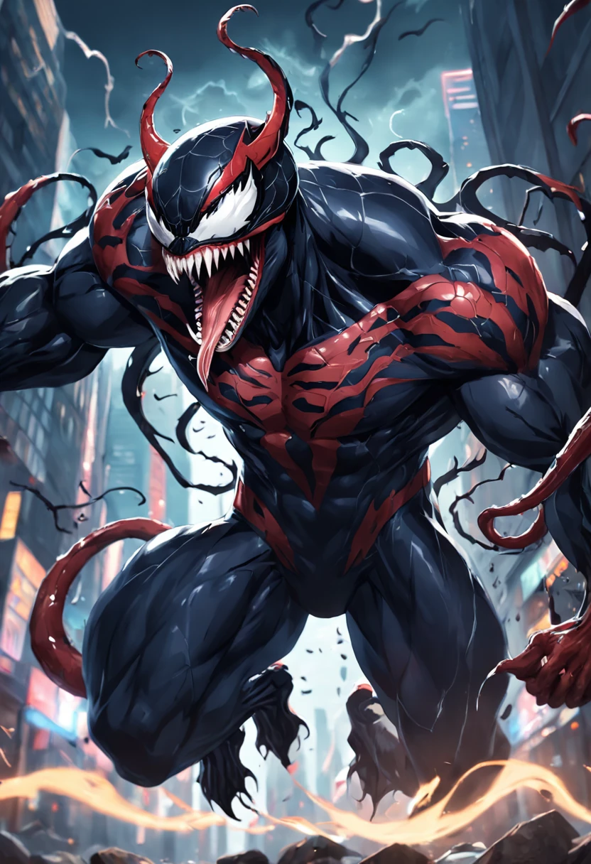 venomize，Marvel Venom，Full body like，Squat，Close-up，of a real，Facial features are carefully depicted，Realistic skin texture，Dark style，depth of fields，high light，Real light，Ray traching，oc rendered，Hyper-realistic，best qualtiy，8K，Works of masters，super-fine，Detailed pubic hair，Correct anatomy，sharp focus on eyes，Bokeh，Facial features are carefully depicted