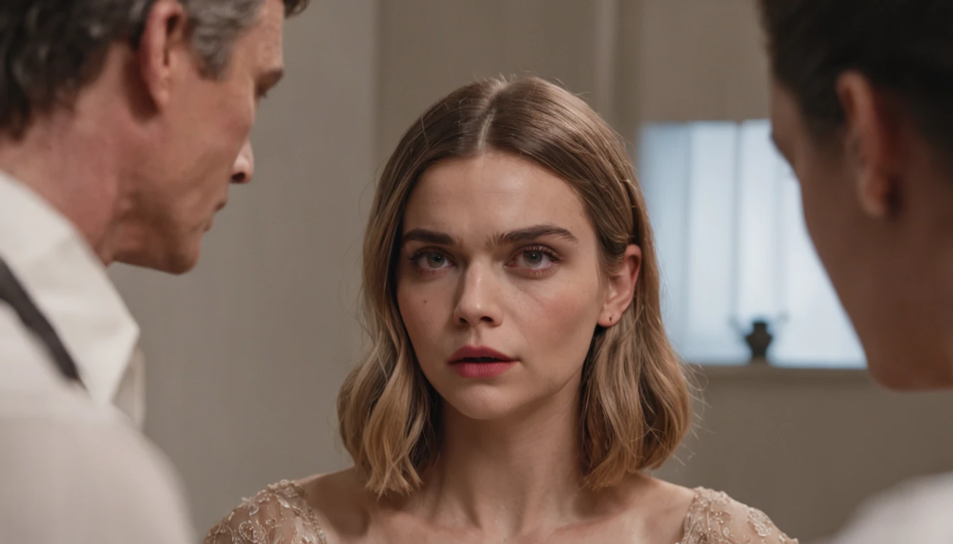 um close up de uma mulher em pe ao lado da cama de um homem doente, fazendo o olhar bateman, 😭🤮 💔, Olivia, he has a devastated expression, she has a distant expression, mas um olhar severo sobre ela, capturar, Fim ainda, Emma, In this dinner on the left, an aesthetic!, cara bonita!!, & her expression is solemn, looking threatening