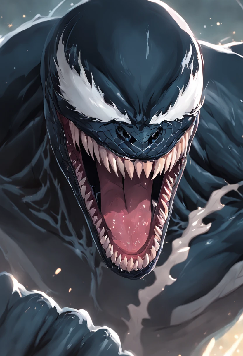 Roaring venom and host,Marvel Venom,head portrait,Close-up,of a real,Facial features are carefully depicted,Realistic skin texture,Dark style,depth of fields,high light,Real light,Ray traching,oc rendered,Hyper-realistic,best qualtiy,8K,Works of masters,super-fine,Detailed pubic hair,Correct anatomy,sharp focus on eyes,Bokeh,Facial features are carefully depicted