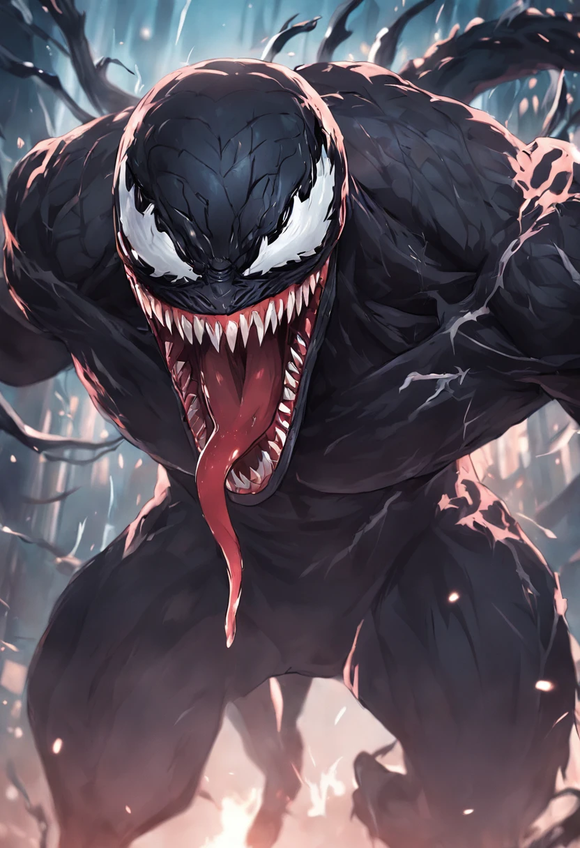 Q version cute cute venom，Marvel Venom，Full body like，Squat，Close-up，of a real，Facial features are carefully depicted，Realistic skin texture，Dark style，depth of fields，high light，Real light，Ray traching，oc rendered，Hyper-realistic，best qualtiy，8K，Works of masters，super-fine，Detailed pubic hair，Correct anatomy，sharp focus on eyes，Bokeh，Facial features are carefully depicted