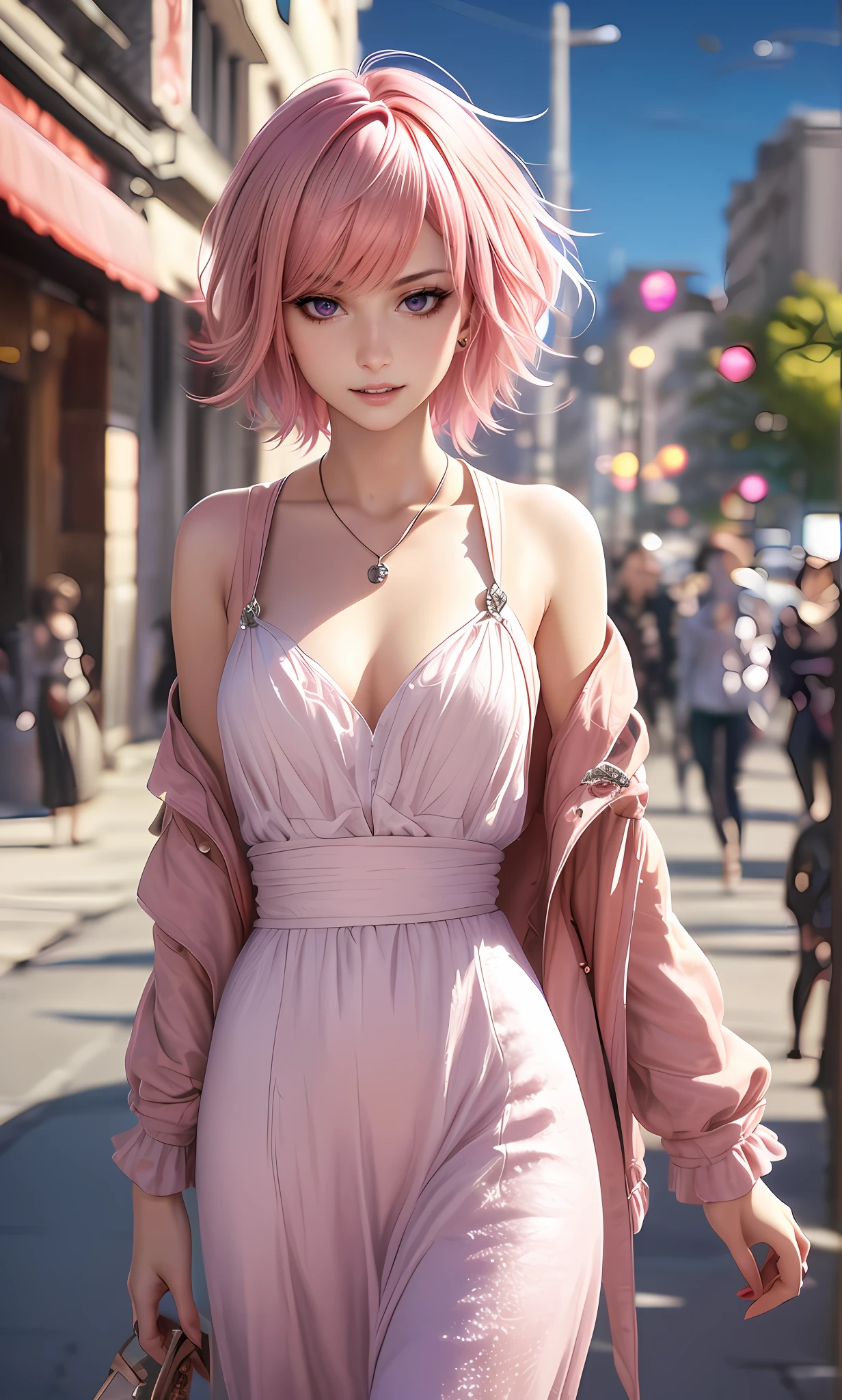 masterpiece, top-quality, ((1womanl)), Adults, different color, finely eye and detailed face, intricate detailes, Casual clothing, window, A smile, Happiness, tenderness, high-level image quality、 selfee, Beautuful Women、tall、a small face, The upper part of the body、nightfall, nighttime scene、𝓡𝓸𝓶𝓪𝓷𝓽𝓲𝓬、Korea person, Idol Photos, Model photo, k pop, Professional Photos, Vampires, Korean fashion in black and white, Fedoman with necklace, inspired by Sim Sa-jeong, androgynous vampire, :9 detailed face: 8, extra detailed face, detailed punk hair, ((eyes are brown)) baggy eyes, Seductive. Highly detailed, semi realistic anime, Vampires, hyperrealistic , Delicate androgynous princess, imvu, ((short hair woman)), Pink hair woman with wild look, ((Woman with short pink hair)), ((1 persons))
