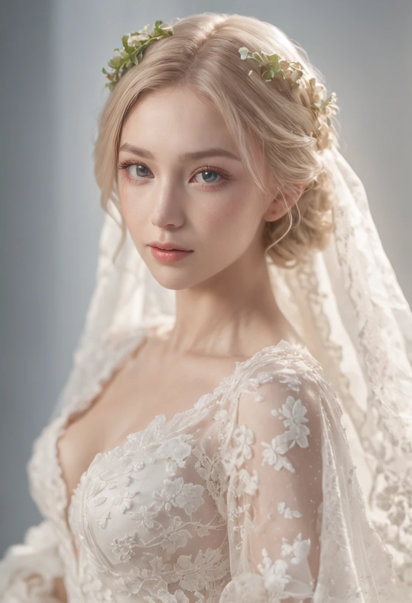 1 beautiful girl, Full body, Permanent image, white wedding dress, Soft dress, blonde hair, eyes blue, wavy hair, 巨作, Diffused soft film lighting, portrait, Best Quality (perfect face:1.4), Ultra-realistic highly detailed complex realistic pattern image simulation sharply focused on the eyes, cinematic lighting, Studio Shot, Make up a wonderful novel cover