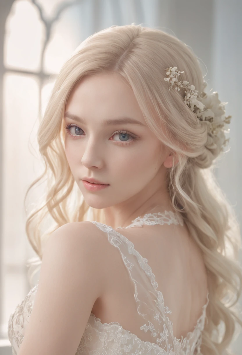 1 beautiful girl, Full body, Permanent image, white wedding dress, Soft dress, blonde hair, eyes blue, wavy hair, 巨作, Diffused soft film lighting, portrait, Best Quality (perfect face:1.4), Ultra-realistic highly detailed complex realistic pattern image simulation sharply focused on the eyes, cinematic lighting, Studio Shot, Make up a wonderful novel cover