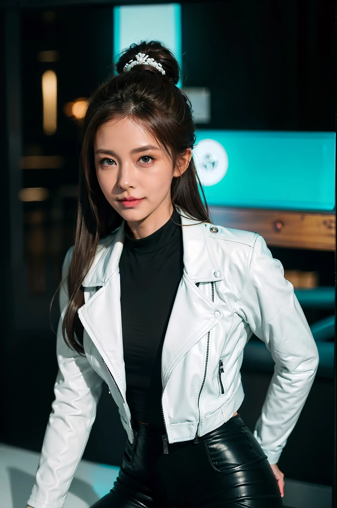 Adult woman, Long brown hair, hair in a bun, Cyan eyes, dragon horns, black tight pants, Black tight top, White leather jacket, ssmile, Masterpiece, hiquality