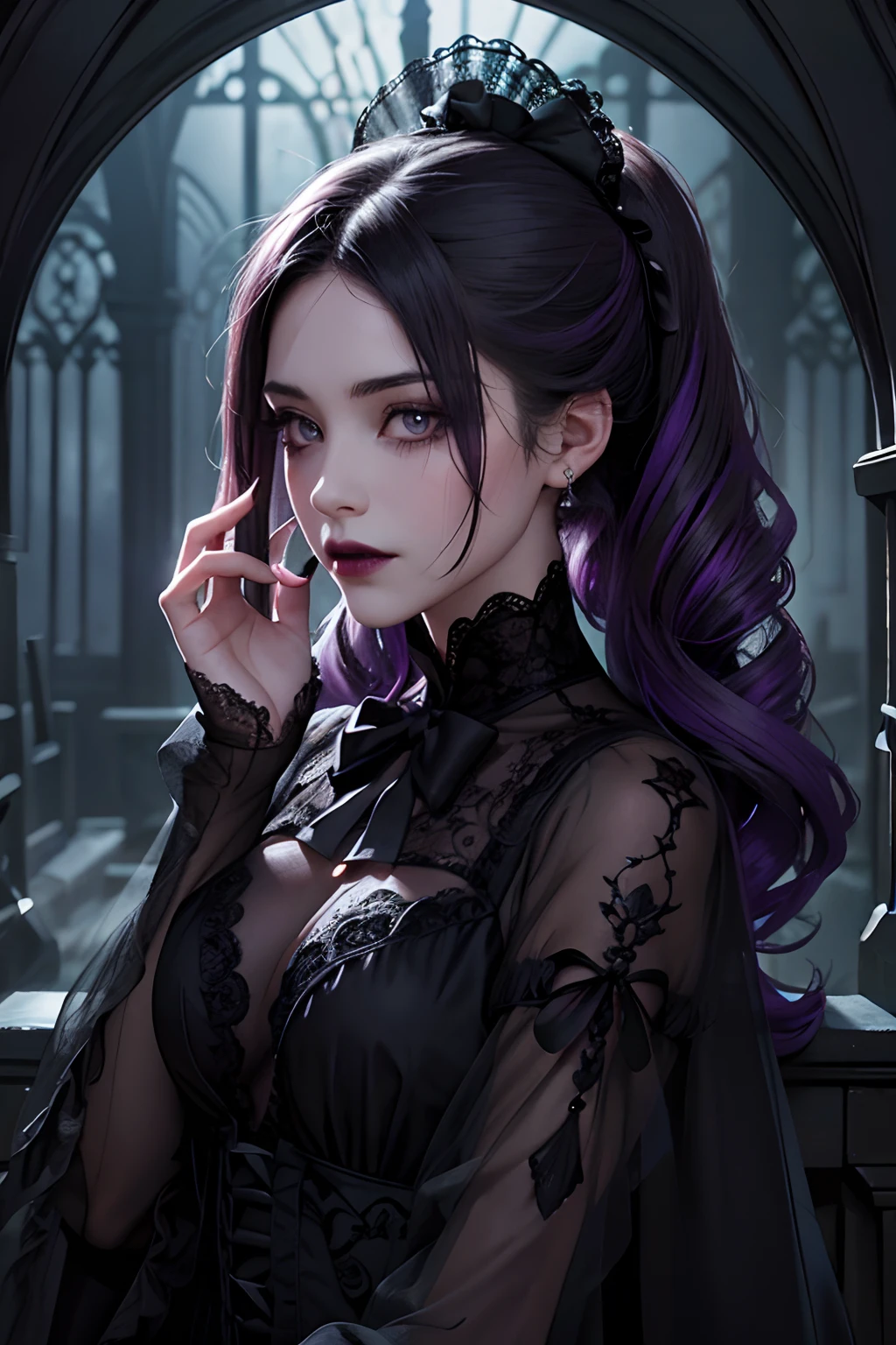 Official Art, Unity 8k wallpaper, super detailed, beautiful, beautiful, masterpiece, best quality,
darkness, atmosphere, mystery, romanticism, creepy, literature, art, fashion, victorian, decoration, intricacies, ironwork, lace, contemplation, emotional depth, supernatural, full body, girl wearing black lipstick , hair in victorian style, updo hairstyle ,with dark purple highlights, bust composition