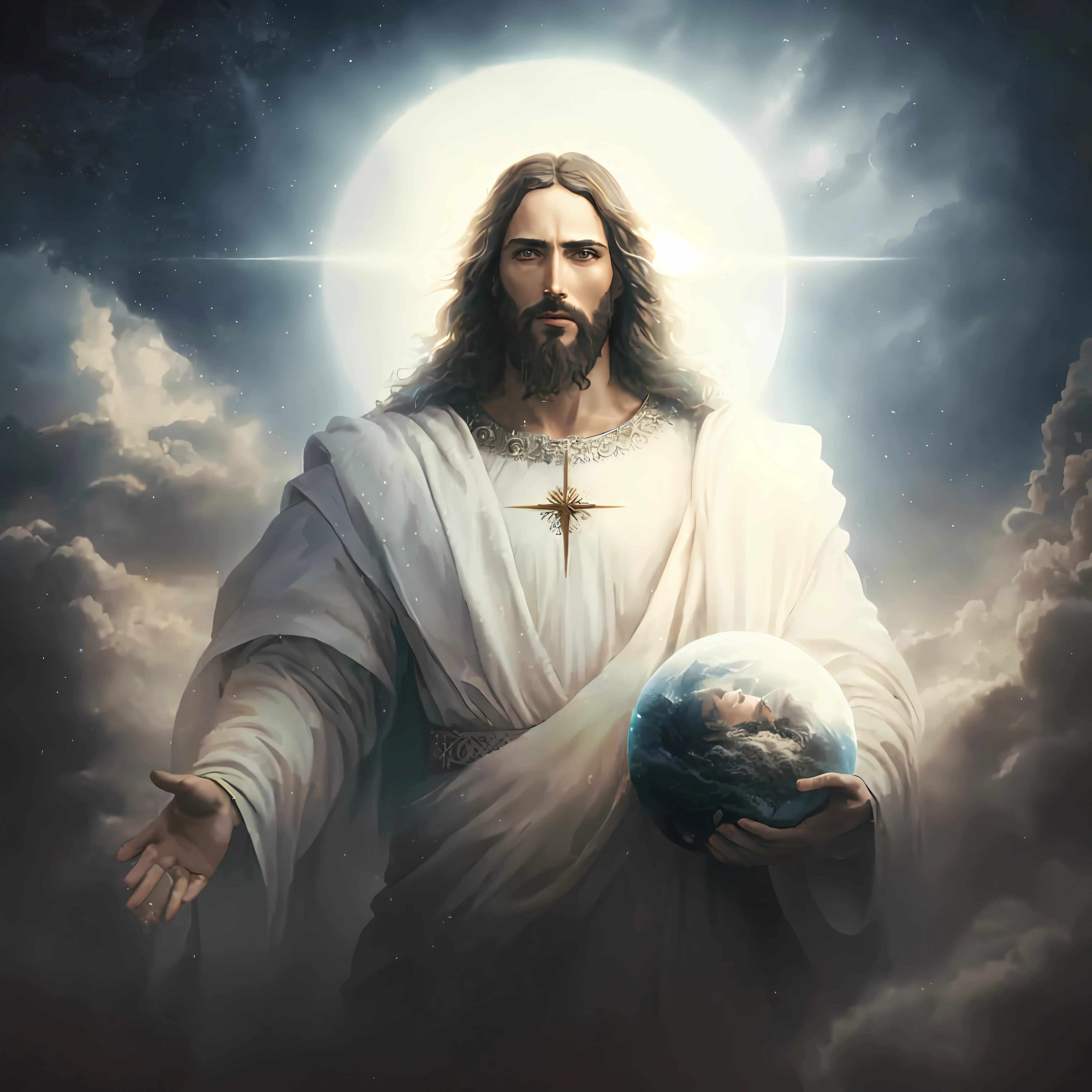 jesus walking on water in a storm, masterpiece, best quality, high quality, extremely detailed CG unit 8k wallpaper, award winning photography, Bokeh, Depth of Field, HDR, bloom, Chromatic aberration, photorealistic, extremely detailed, trending on artstation, trending on CGsociety, intricate, high detail, dramatic, mid-journey art, volumetric lighting