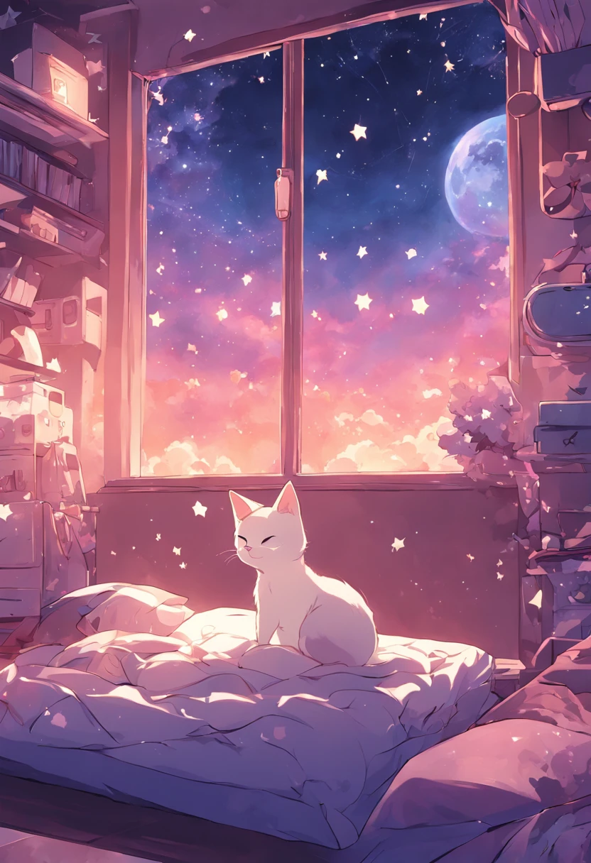 Kawaii room with a Siamese cat stored in bed computer window gamer with stars in the sky