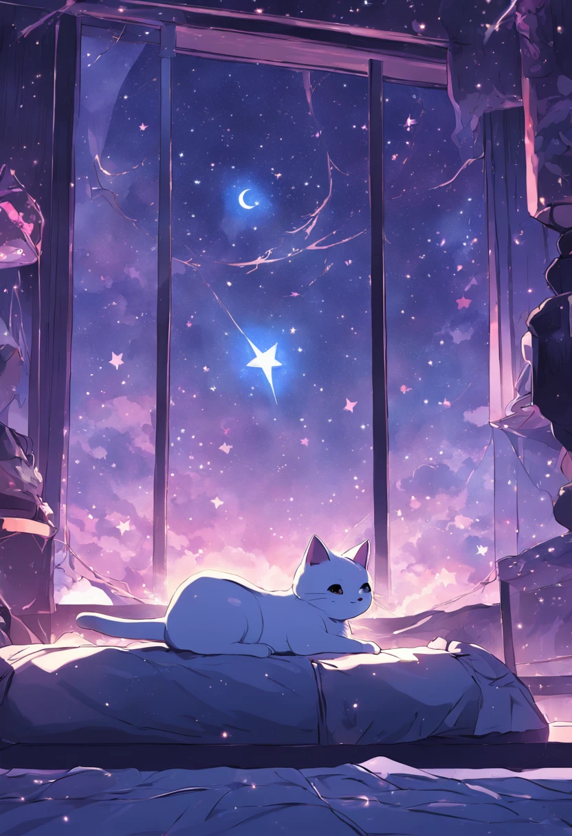 Kawaii room with a Siamese Cat storing in bed gamer computer window with stars in the sky