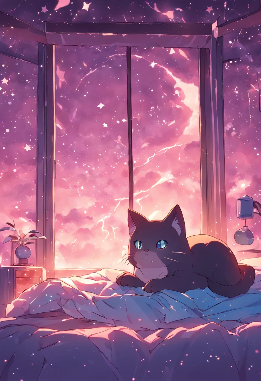 Kawaii room with a Siamese Cat storing in bed gamer computer window with stars in the sky