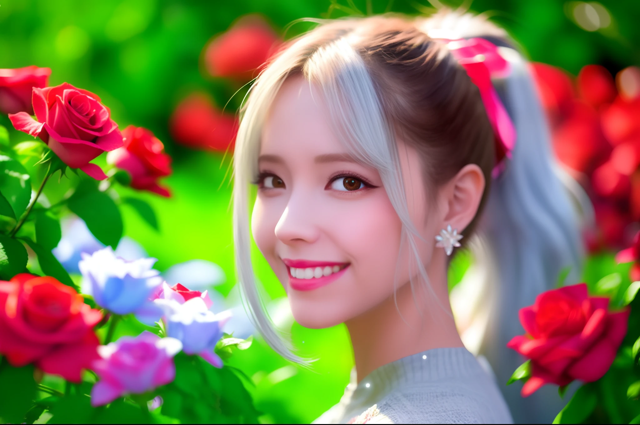 Garden covered with red roses in the background, Silver hair, front ponytail, eyes reflection, red contact lenses, Pink eyes,Heterochromia, Wear earrings, Blue crystal pendant,Evil smile, shairband,High detail, romanticism lain, Depth of field, Sparkle, Ray tracing, viewfinder, zoom layer, Close-up, Bokeh, Anatomically correct, High details, 1080p, hyper HD