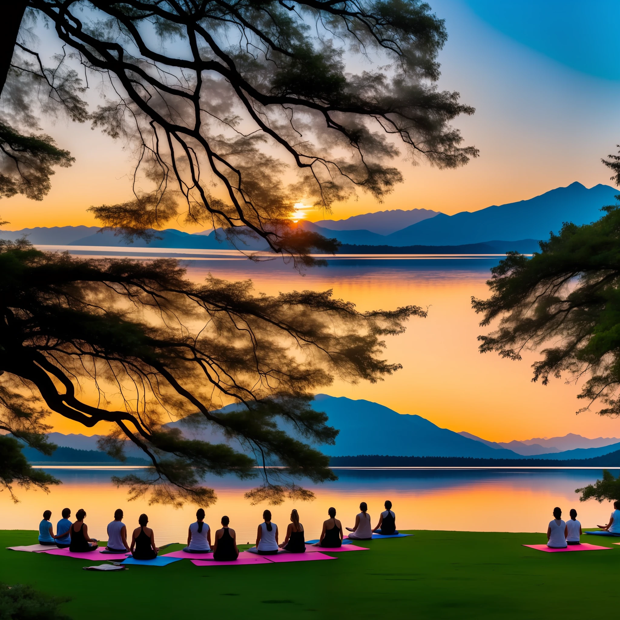 A group of people is gathered in a spectacular setting of nature, engaged in a meditation and yoga session. The place is a serene paradise, where natural beauty unfolds in all its glory.
The setting is on the edge of a tranquil lake, surrounded by high mountains covered by lush vegetation. The sun is about to set, Painting the sky with soft shades of orange and pink. The water of the lake reflects the sky in a calm and clear mirror.
The group of people is positioned on yoga mats, forming a circle near the shore of the lake. They are wearing comfortable and light clothes, em tons naturais que se harmonizam com o ambiente. Everyone has relaxed and serene expressions on their faces.
as the sun slowly sets, The yoga instructor leads a quiet session. People follow your instructions, realizando posturas de yoga suaves e fluidas. The soothing sound of lake water and the wind in the trees create a calming soundtrack.
As the yoga session progresses, Participants are also guided in meditation. Eles fecham os olhos, respiram profundamente e se conectam com a tranquilidade ao seu redor. As the natural setting merges with spiritual practice, The scene evokes a deep sense of peace, balance and harmony with nature and with themselves.