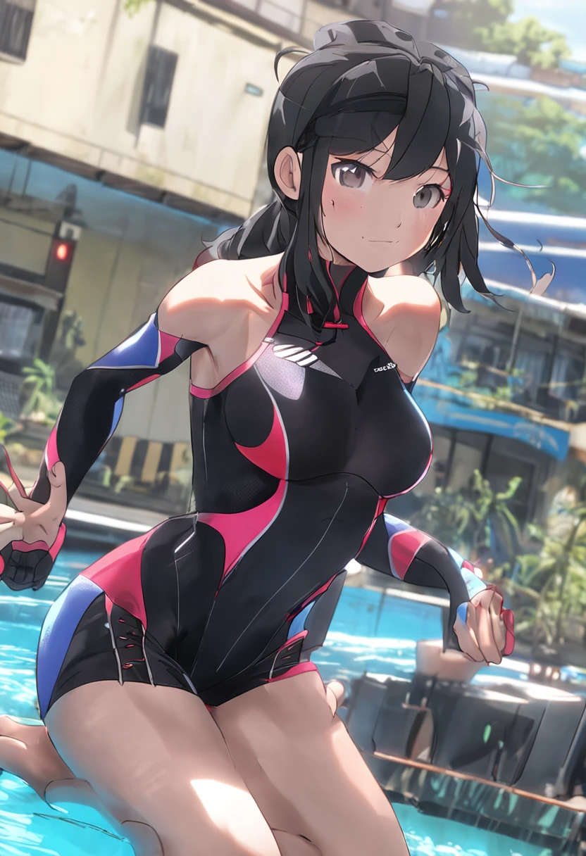 1 Japan Woman、Black competitive swimsuit、Putting out the chest、Nipple protrusion、poneyTail、swimming pools、Put out your breasts yourself、