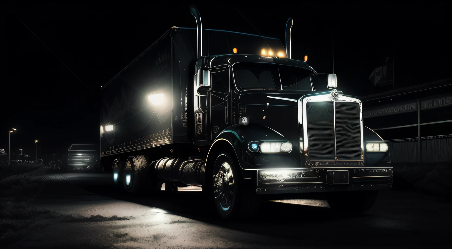 Araf truck parked in parking lot at night with headlights on, Truck, imagem do produto de alta qualidade", photo rendering, detailed high contrast lighting, foto de retrato, iStock, reboque, high contrast cinematic lighting, dramatic artwork, at night, dramatic contrast lighting, hd illustration, renderizado, night time, photo illustration, dramatic high-contrast lighting, tiro noturno, O melhor no Adobe Stock
