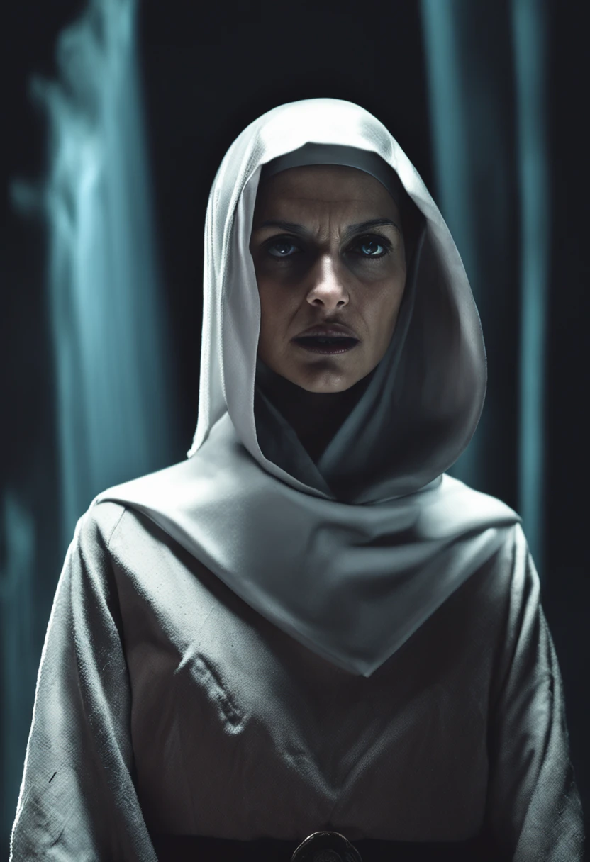 "nun staring intensely in a sinister manner, pitch-black backdrop, ominous atmosphere, high-resolution 4k"