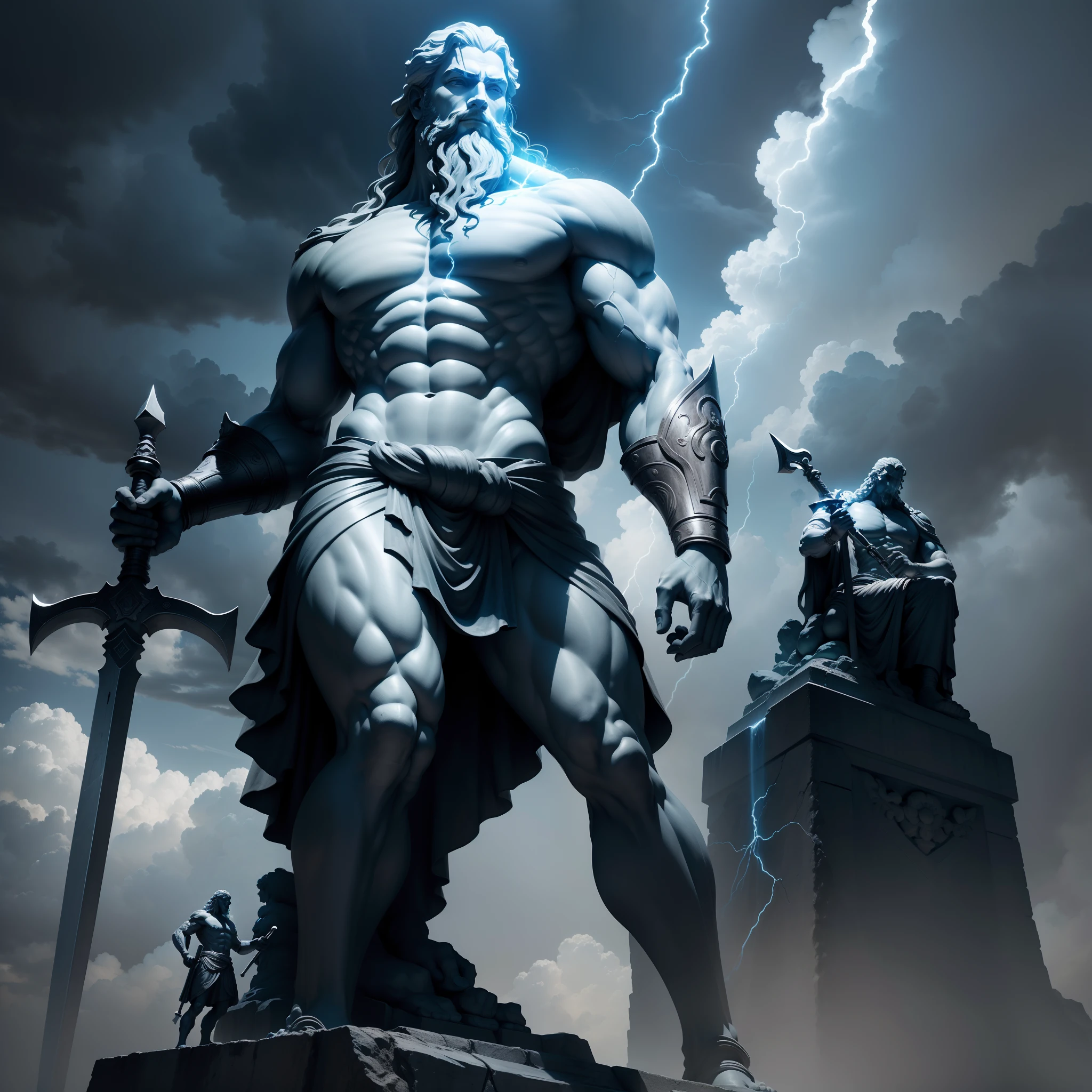 Stone statue of giant Zeus with a boy holding a sword under his feet, arte digital ultra detalhada