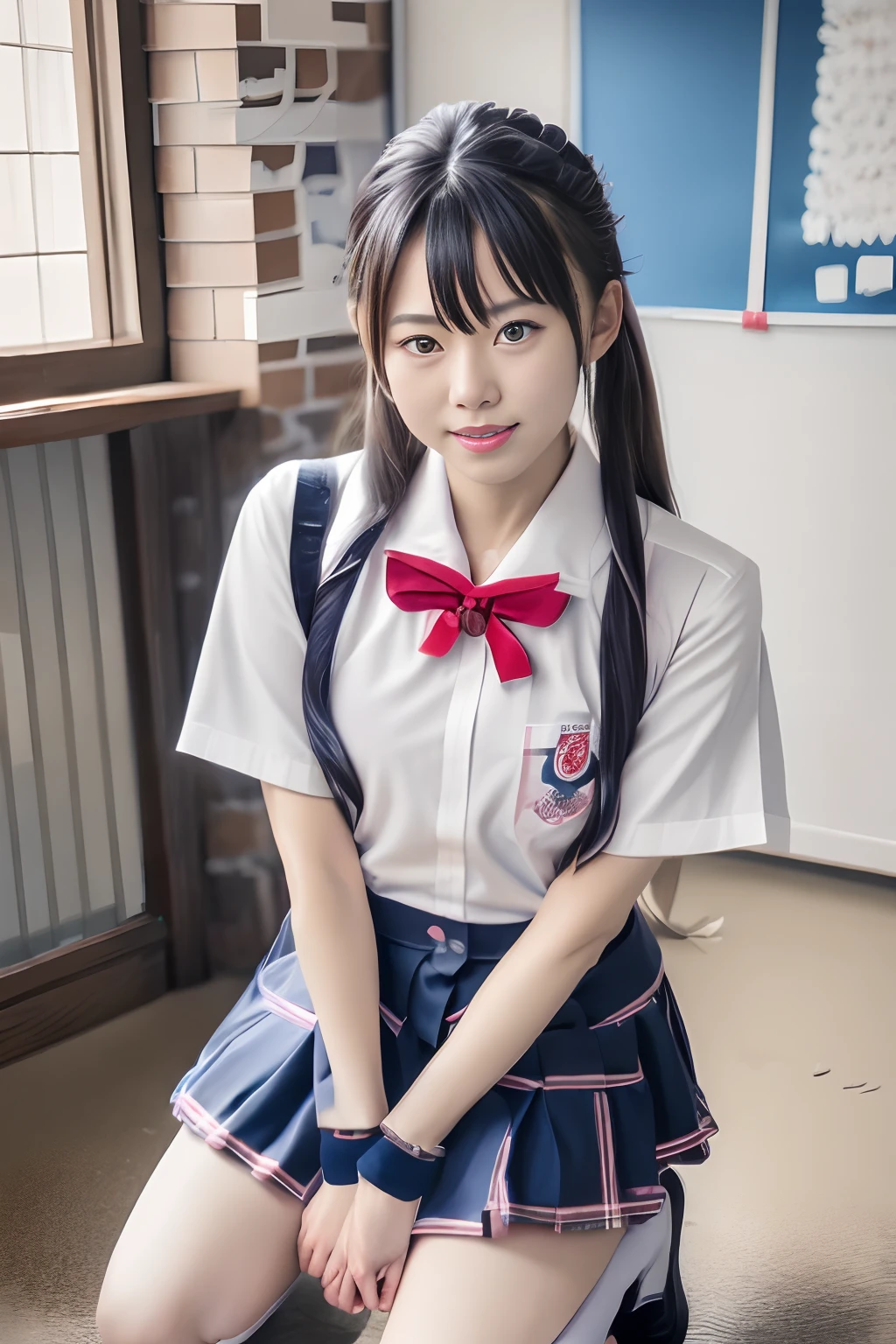 There is a woman kneeling in uniform, Cute Schoolgirl, wearing japanese school uniform, japanese girl school uniform, taken with canon eos 5 d mark iv, of a schoolgirl posing, Japan school uniform, zora々Shishi Japan of Girls, taken with canon 8 0 d, taken with canon 5d mk4, a hyperrealistic schoolgirl