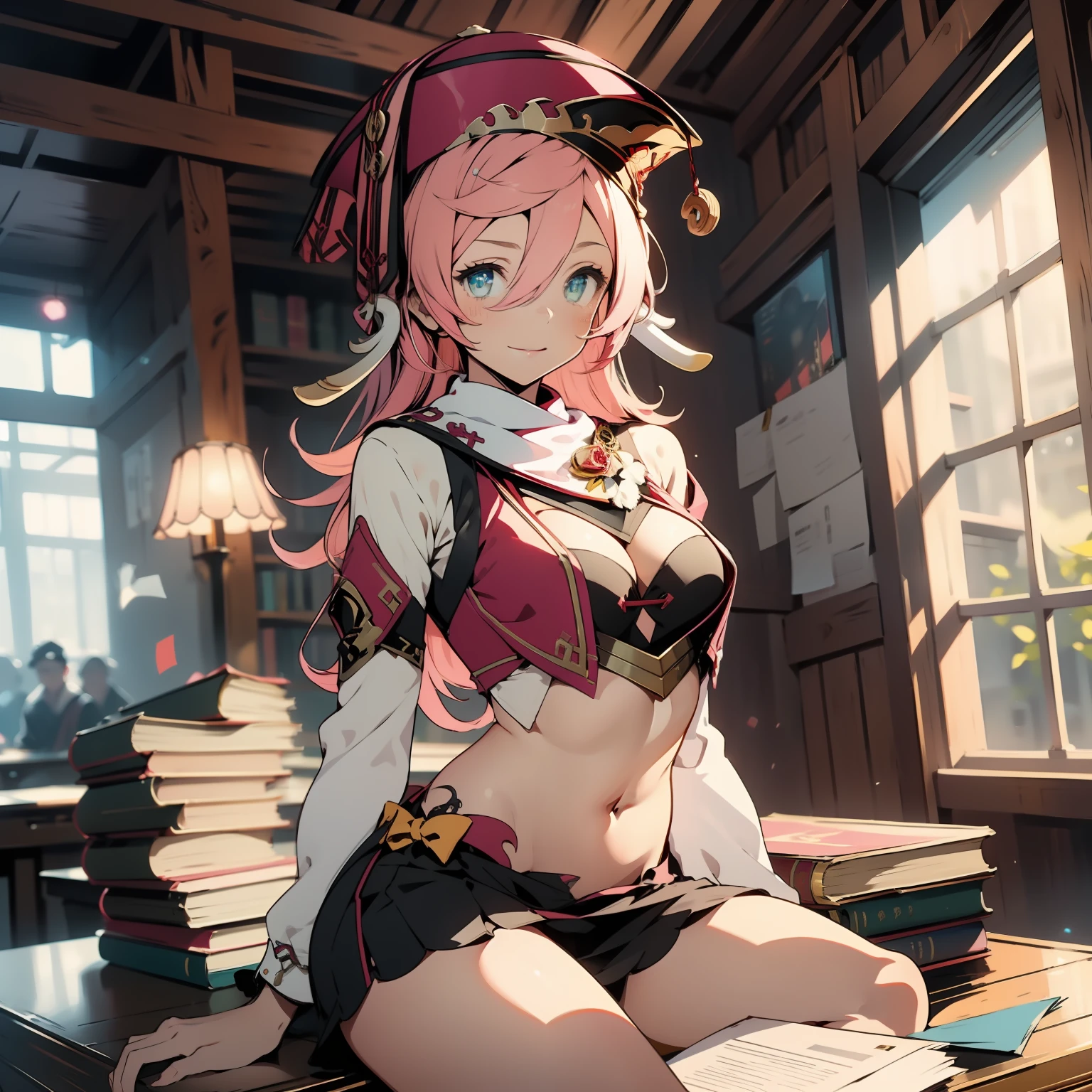 1girl, (solo:1.2), ((masterpiece)), [slim], (mediumchest), pale skin, ((detailed eyes)), (bokeh effect), (dynamic angle), see through, visible bellybutton, sitting on the desk, sexy, cheerful, pink hair, white horns on sides, red hat, inside the court, judge, wooden table with books and paper, the court room