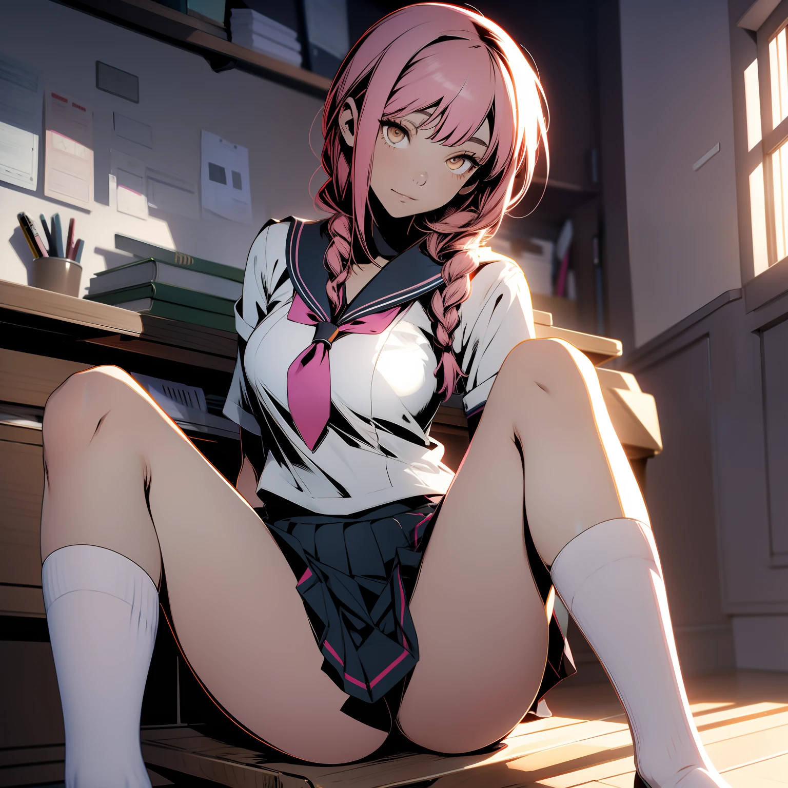 high school girl, sailor suit, skirt, droopy eyes, big, sexy girl, makima, medium breasts, slim, kneehigh white socks, pale skin, 
1braided ponytail, pink hair, one single braid , sitting on her desk
ringed eyes
