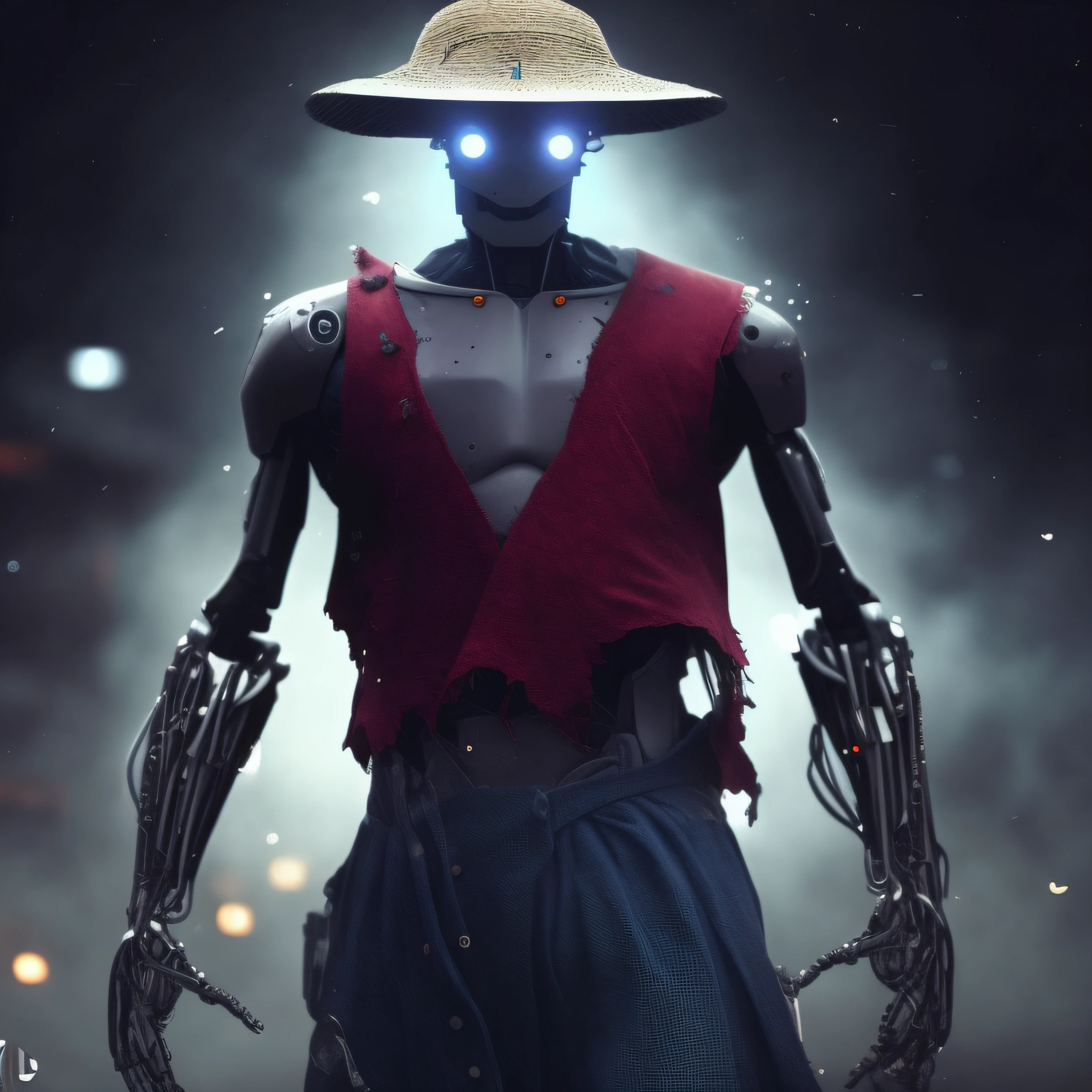 There's a robot with a hat and a red vest, alien robot luffy, cyberpunk robot, fashionable cyberpunk mechanoid, Personagem humanoide, ( ( robot cyborgs ) ), dystopian sci-fi character, cyberpunk mechanoid, deep cyberpunk mechanoid, evil robot, death and robots, espantalho masculino poderoso, portrait of a robot shaman, samurai cyberpunk, robot ninja