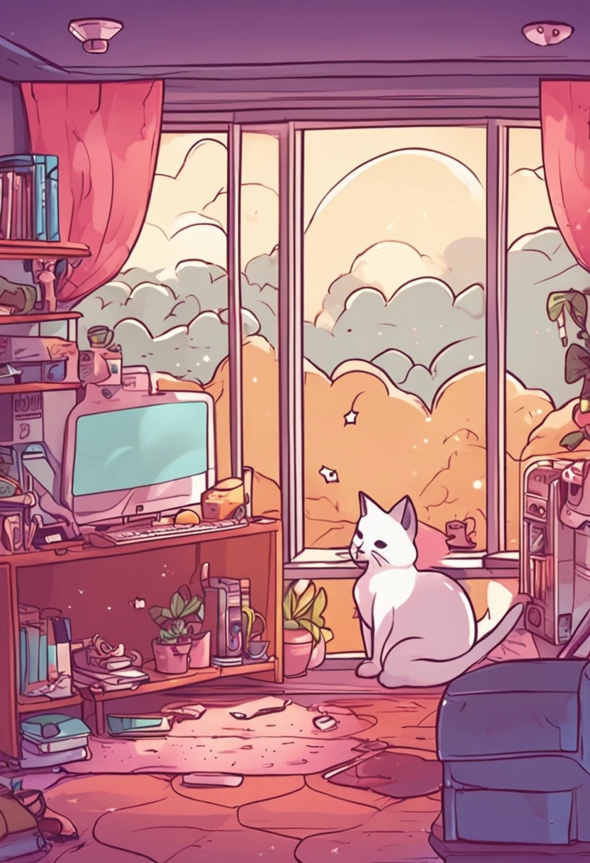 Kawaii room with a Siamese Cat storing in bed gamer computer window with stars in the sky