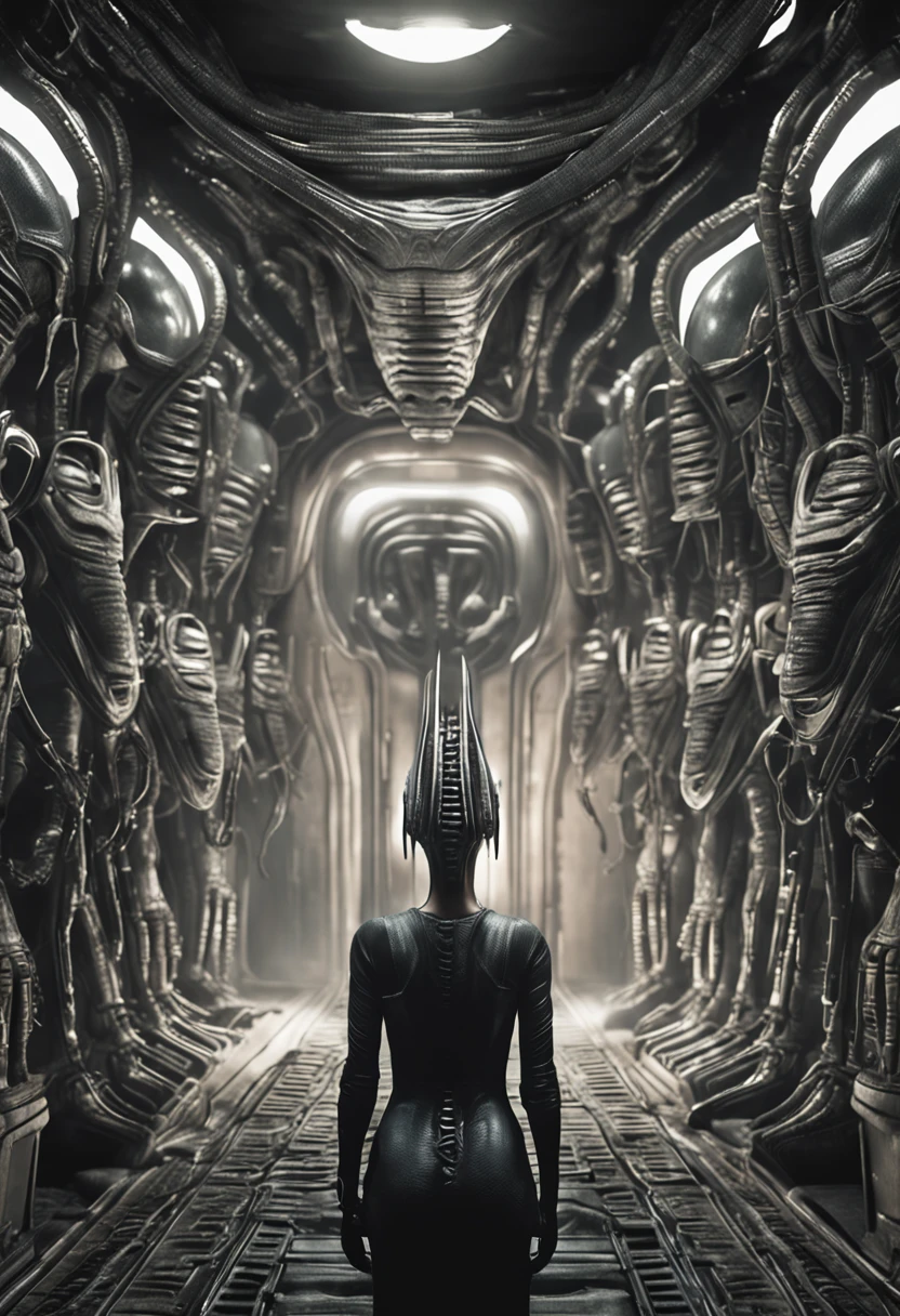 "Realistic perfect human style in an alien scene in HR Giger style."