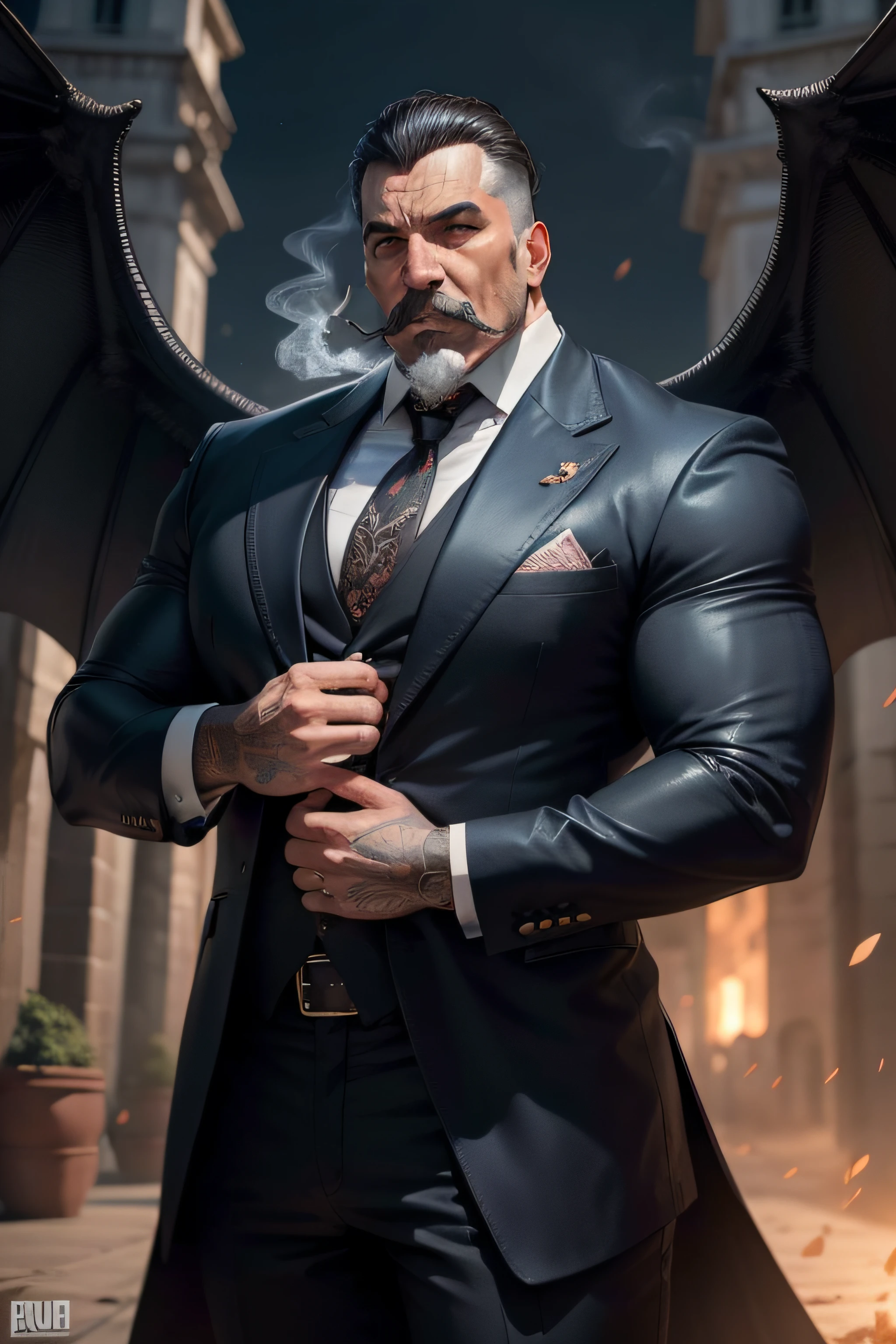 "(homem misterioso , mafioso), holding a trindent on hands , olhos de granada, ((e bigode grande)), vestindo uma cartola e smoking preto e vermelho, homem magro, rosto bonito e olhar poderoso com uma camisa preta complementada por uma gravata vermelho , olhar poderoso e malefico (Fundo escuro, cidade nortuna), Ultra HD |, qualidade da obra-prima, alta qualidade, Qualidade Superior, qualidade perfeita"