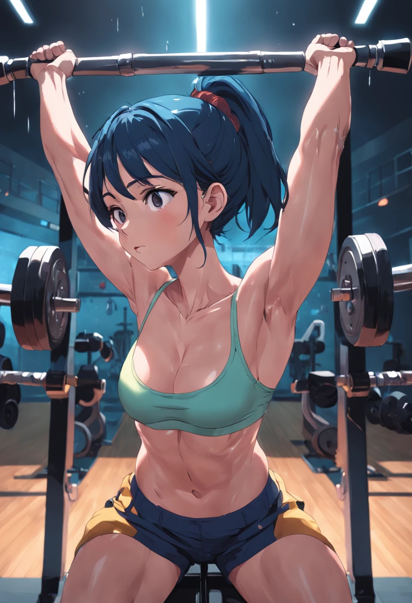 an illustration of Brolly working out intensely in a gym, com alto detalhamento, qualidade excepcional, Advanced shadow technique, Featured muscles, cores realistas, determined facial expression, ambiente moderno e equipamentos de academia modernos