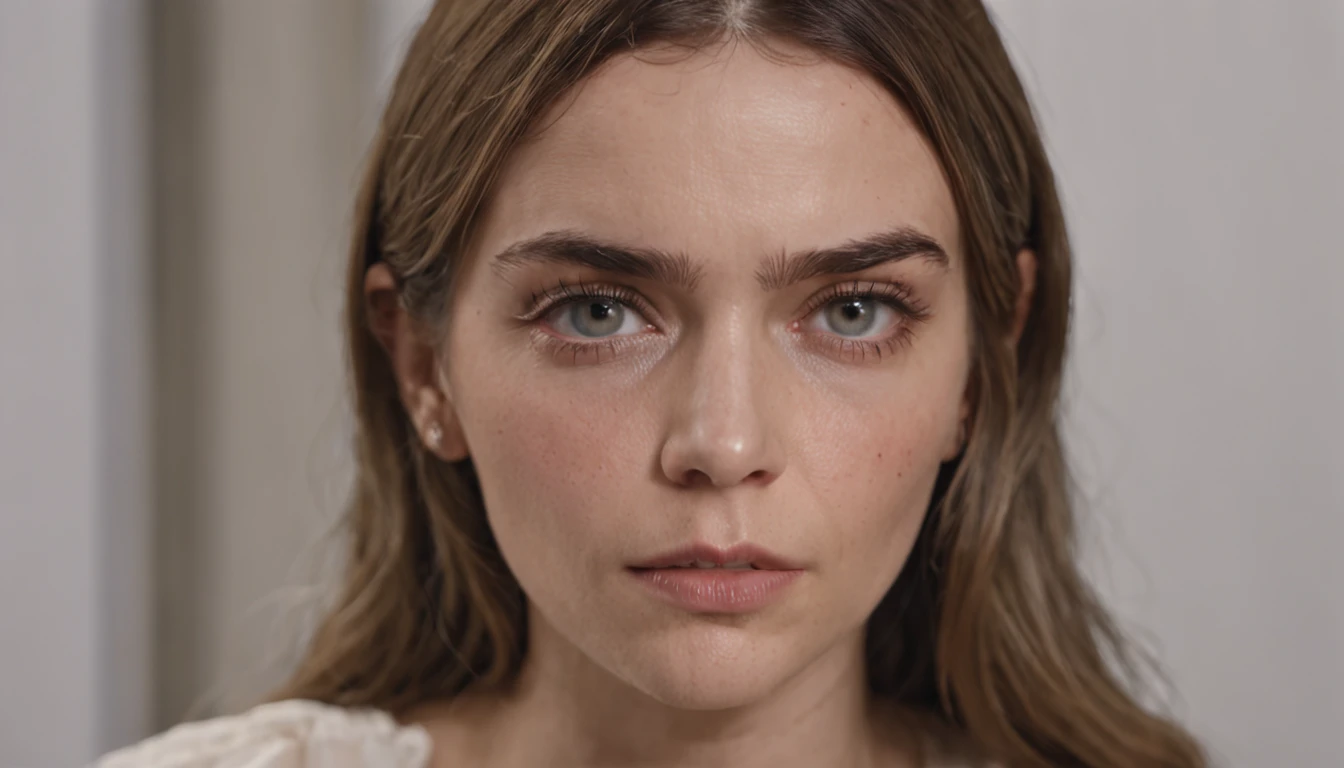 um close up de uma mulher linda ao lado da cama de um homem doente, fazendo o olhar bateman, 😭🤮 💔, Olivia, he has a devastated expression, she has a distant expression, mas um olhar severo sobre ela, capturar, Fim ainda, Emma, In this dinner on the left, an aesthetic!, cara bonita!!, & her expression is solemn, looking threatening