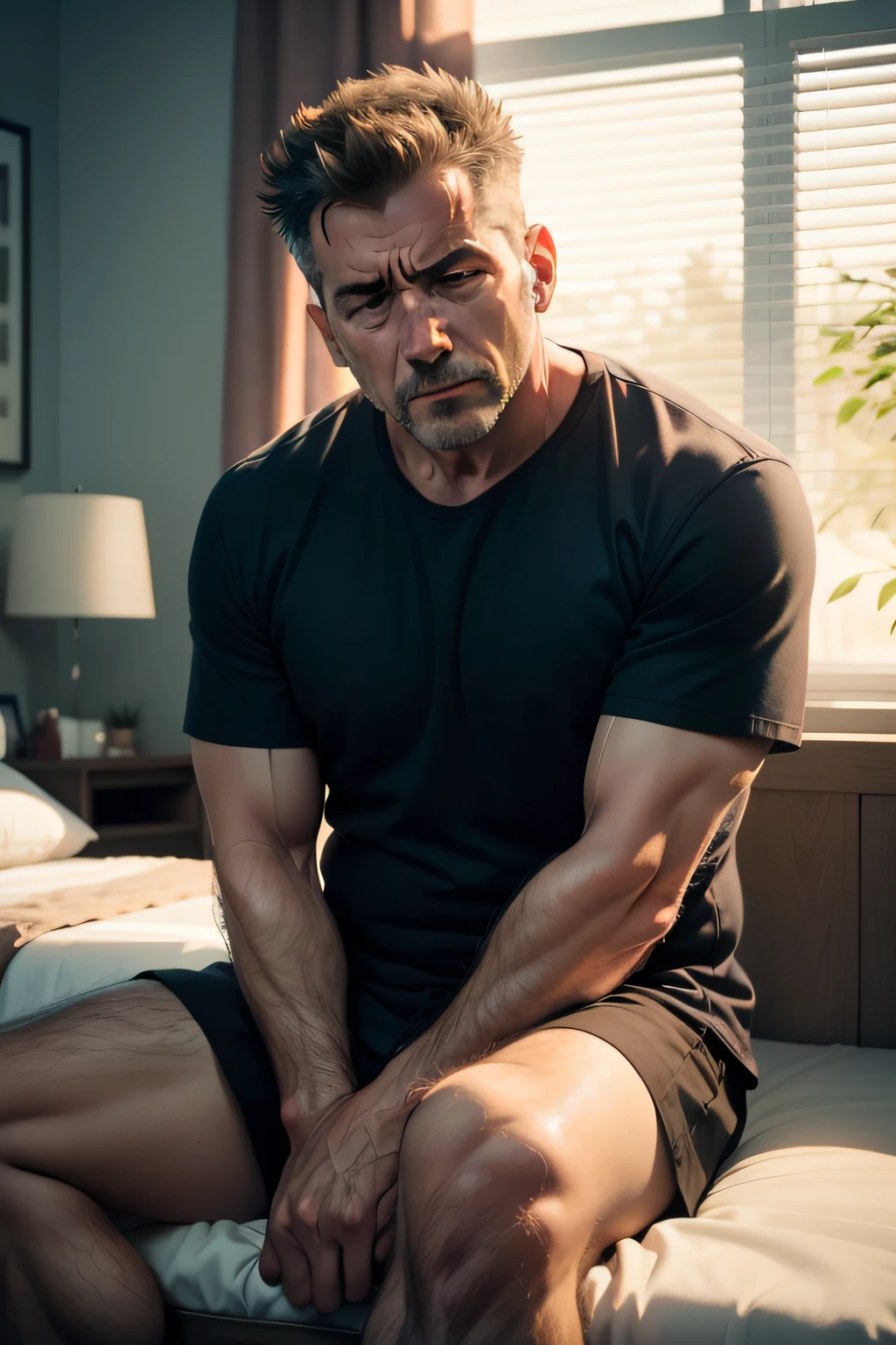 there is a man sitting on a bed with his hands on his knees, sitting on edge of bed, sitting on the edge of a bed, man in his 40s, stoic pose, sitting on a bed, movie still of a tired, in style of ultra realistic, stock photo, athletic man in his 30s, dramatic serious pose