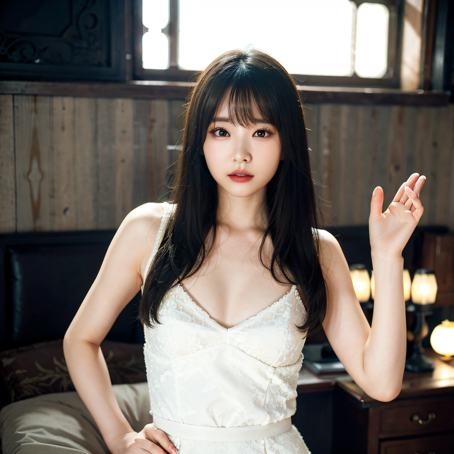 Woman struggling、top-quality、 1 a person、large full breasts、natta、murky、blur backgroun、bokeh dof、inside in room、(a person々、Large crowds:1)、(lace-trimmed)Onepiece:1.2、Sleeveless dress、White suit、White Dress:1.2、white one peace:1.2)、a gorgeous(long、Forehead:1.2)、Luxurious interior、耳Nipple Ring、(dynamicposes:1.4)、 (The upper part of the body:0.8)、dark ilumination、the wind、glowy skin、Anxious look、No sunlight、Golden decoration、Standing