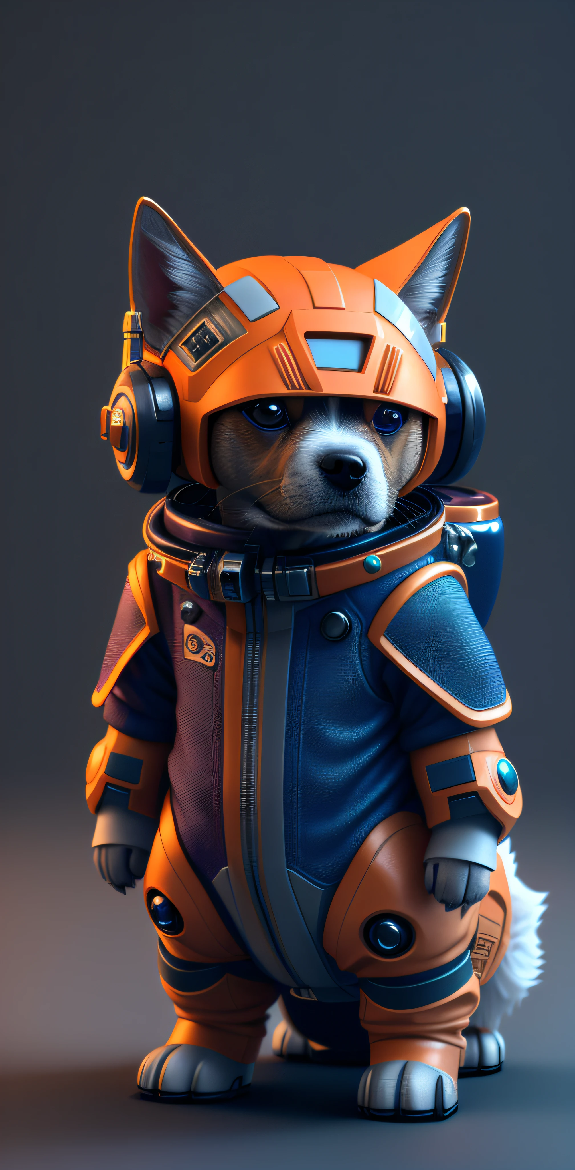 There is a dog wearing a spacesuit and a helmet,Cyborg puppy,cute 3 d render,Render with redshift,3 d render stylized,cyberpunk dog,Sci-fi character rendering,Sci-fi characters,stylized 3d render,stylized as a 3d render,3 D rendering character art 8 K,CG Society 8K,CG Society 8K