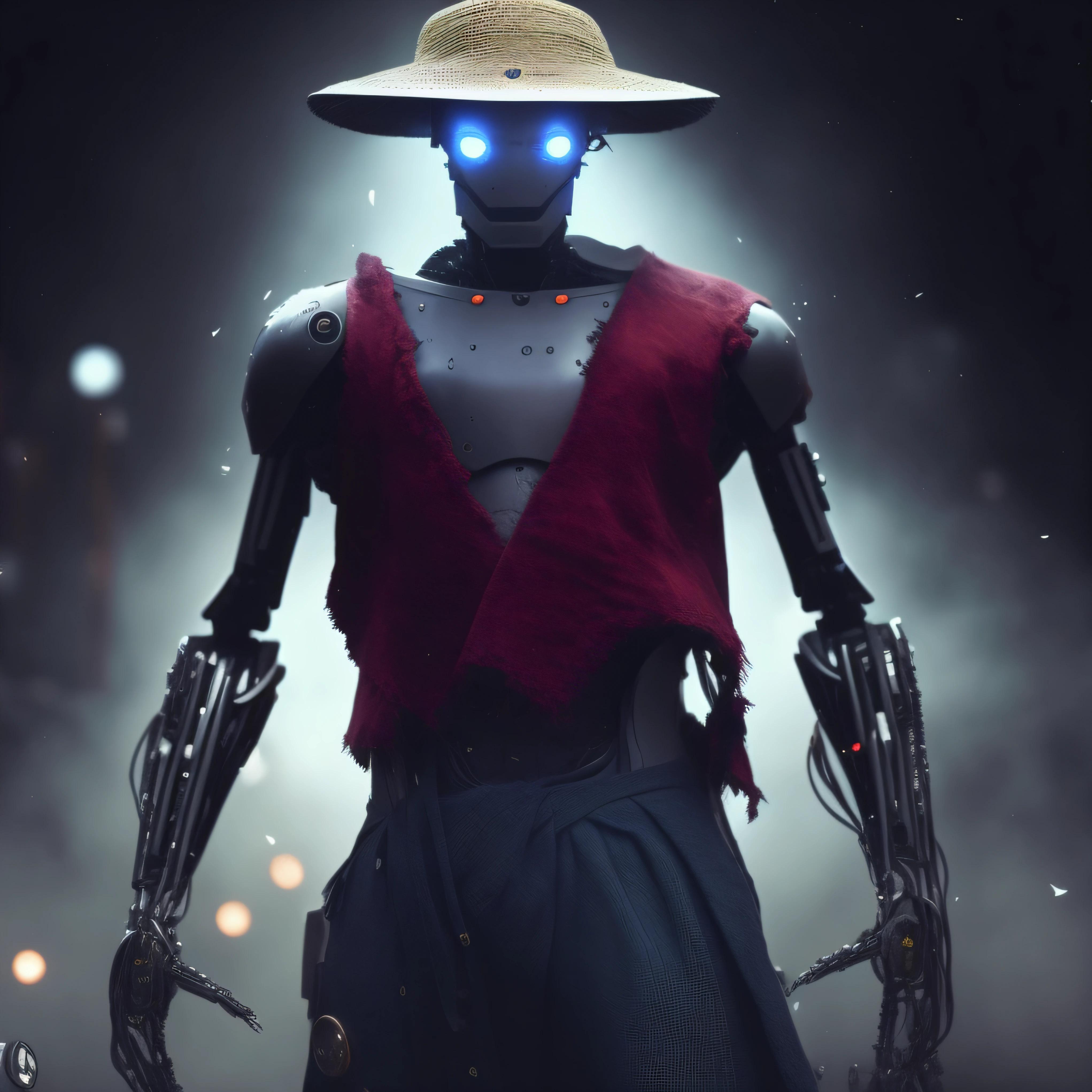 There's a robot with a hat and a red vest, alien robot luffy, cyberpunk robot, fashionable cyberpunk mechanoid, Personagem humanoide, ( ( robot cyborgs ) ), dystopian sci-fi character, cyberpunk mechanoid, deep cyberpunk mechanoid, evil robot, death and robots, espantalho masculino poderoso, portrait of a robot shaman, samurai cyberpunk, robot ninja